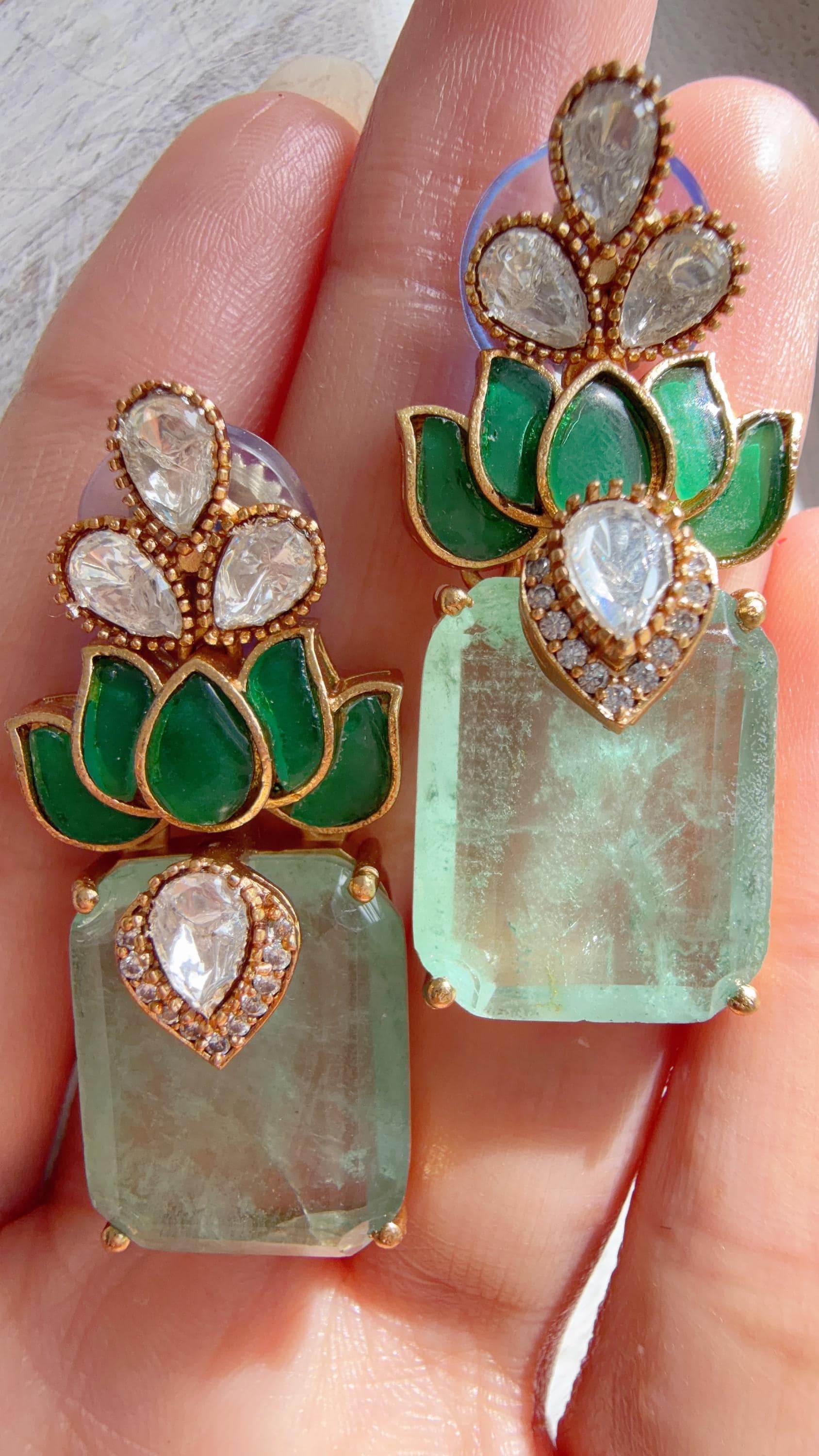 Lotus Diamond Doublet Dangler Mint Earrings/American Diamond Earrings/Statement Danglers/Bridal Chandelier Earrings/Aish