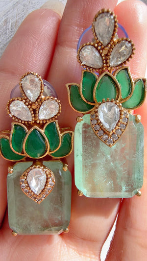 Lotus Diamond Doublet Dangler Mint Earrings/American Diamond Earrings/Statement Danglers/Bridal Chandelier Earrings/Aish