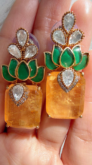 Lotus Diamond Doublet Dangler Yellow Earrings/American Diamond Earrings/Statement Danglers/Bridal Chandelier Earrings/Aish