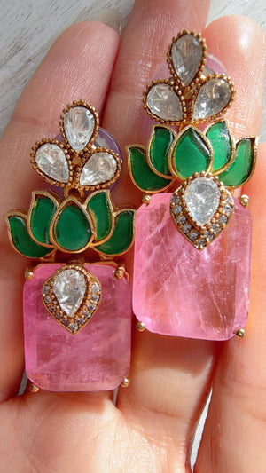 Lotus Diamond Doublet Dangler Pink Earrings/American Diamond Earrings/Statement Danglers/Bridal Chandelier Earrings/Aish