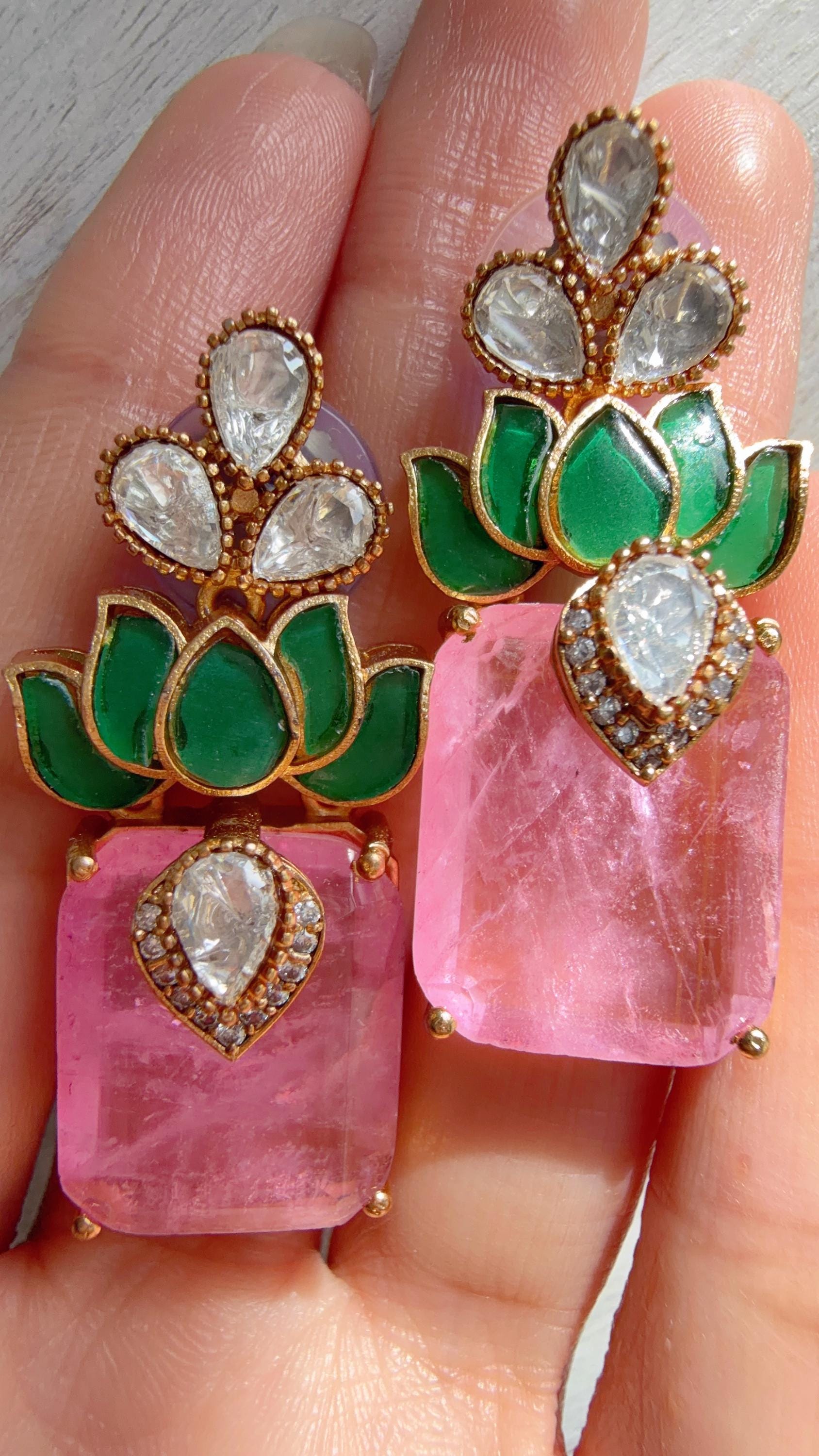 Lotus Diamond Doublet Dangler Pink Earrings/American Diamond Earrings/Statement Danglers/Bridal Chandelier Earrings/Aish