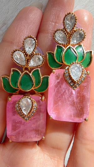 Lotus Diamond Doublet Dangler Pink Earrings/American Diamond Earrings/Statement Danglers/Bridal Chandelier Earrings/Aish