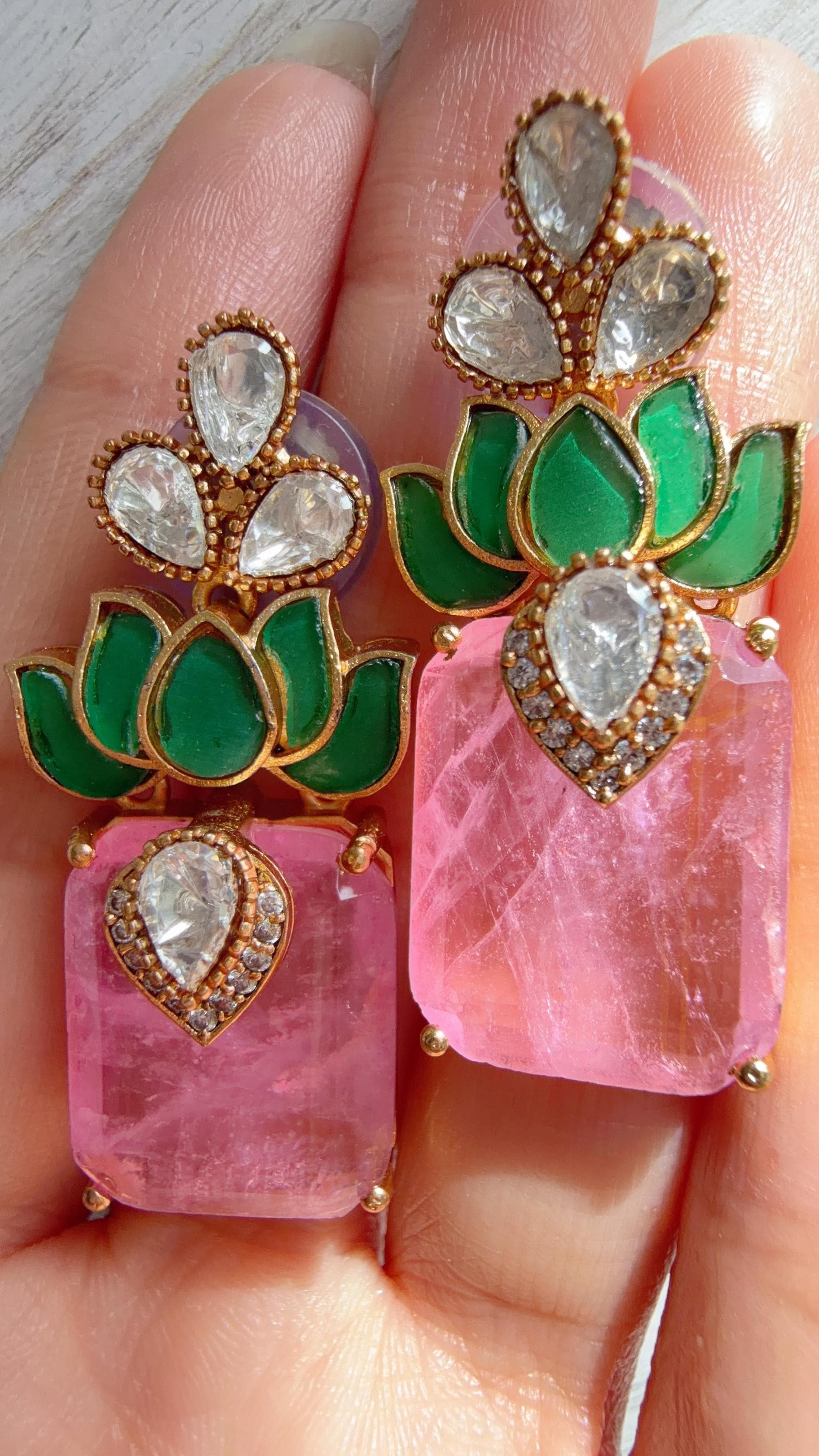 Lotus Diamond Doublet Dangler Pink Earrings/American Diamond Earrings/Statement Danglers/Bridal Chandelier Earrings/Aish