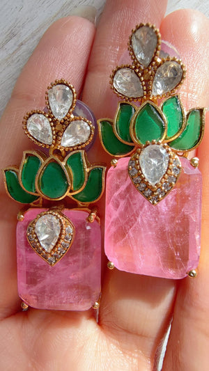 Lotus Diamond Doublet Dangler Pink Earrings/American Diamond Earrings/Statement Danglers/Bridal Chandelier Earrings/Aish