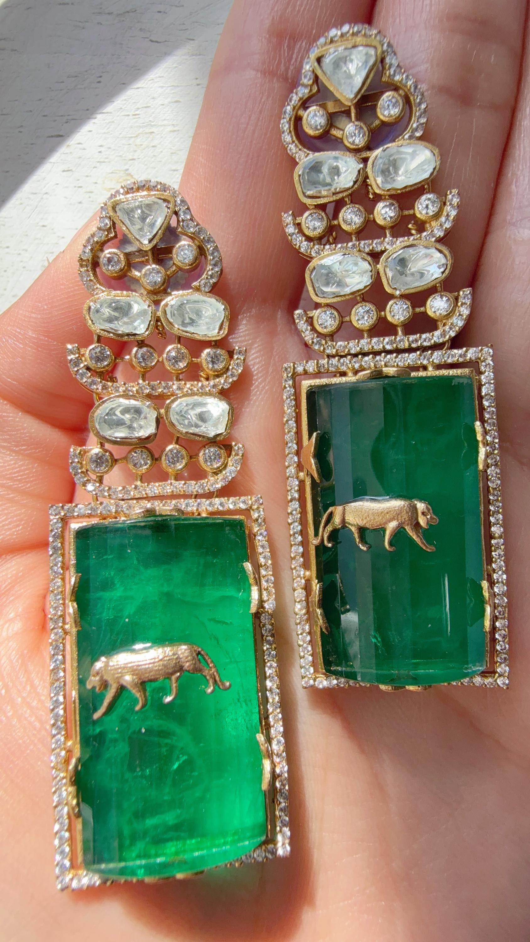 Moissanite Kundan Dangler Green Earrings /American Diamond Doublet Leopard Earrings/Statement Danglers/Bridal Chandelier Earrings/Tanvi