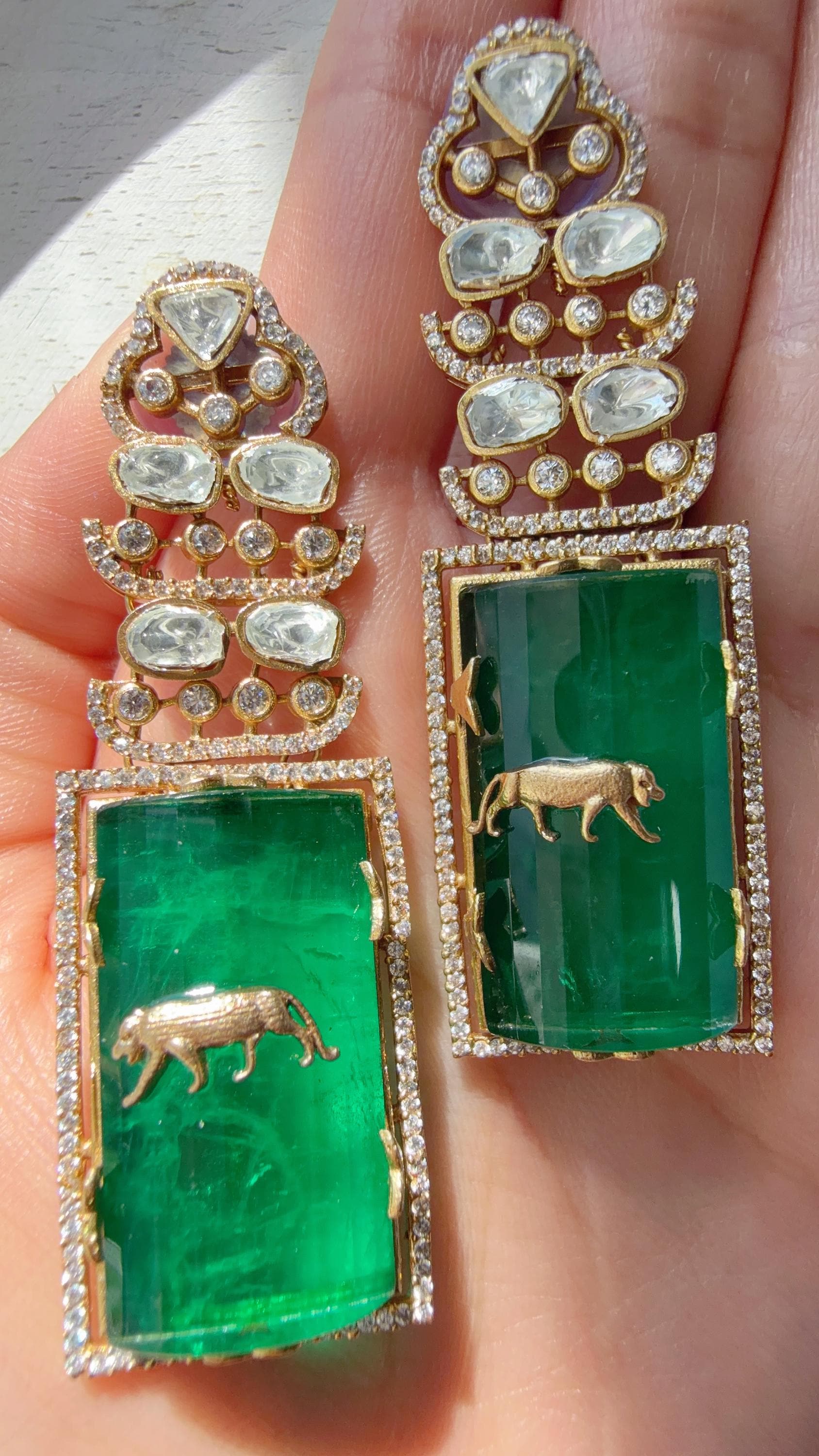 Moissanite Kundan Dangler Green Earrings /American Diamond Doublet Leopard Earrings/Statement Danglers/Bridal Chandelier Earrings/Tanvi