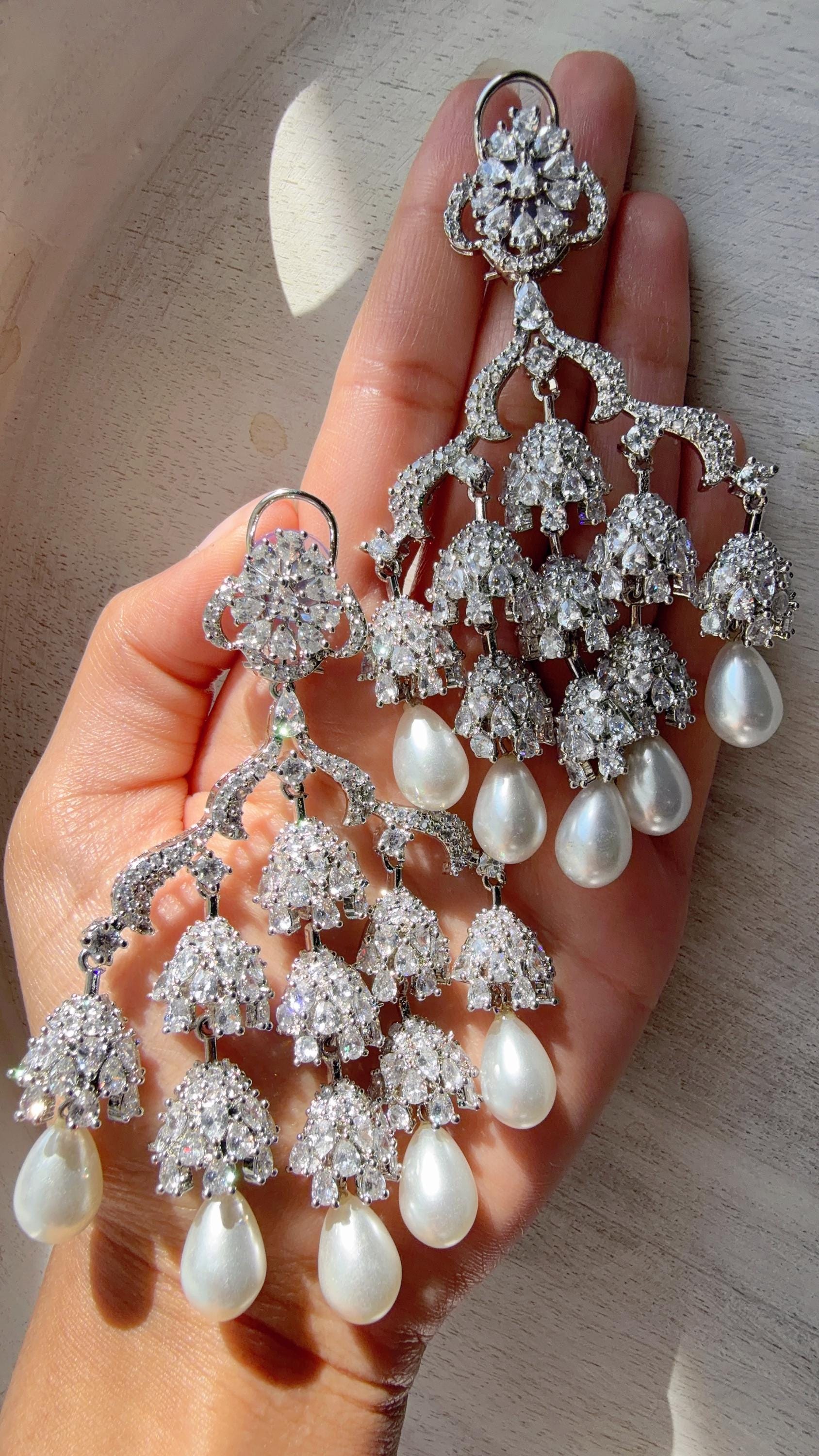 Rhodium look Diamond Pearl Chandelier/Chandbali Chandelier Earrings/Luxury Bridal Jewelry/Indian jhumka/Faith