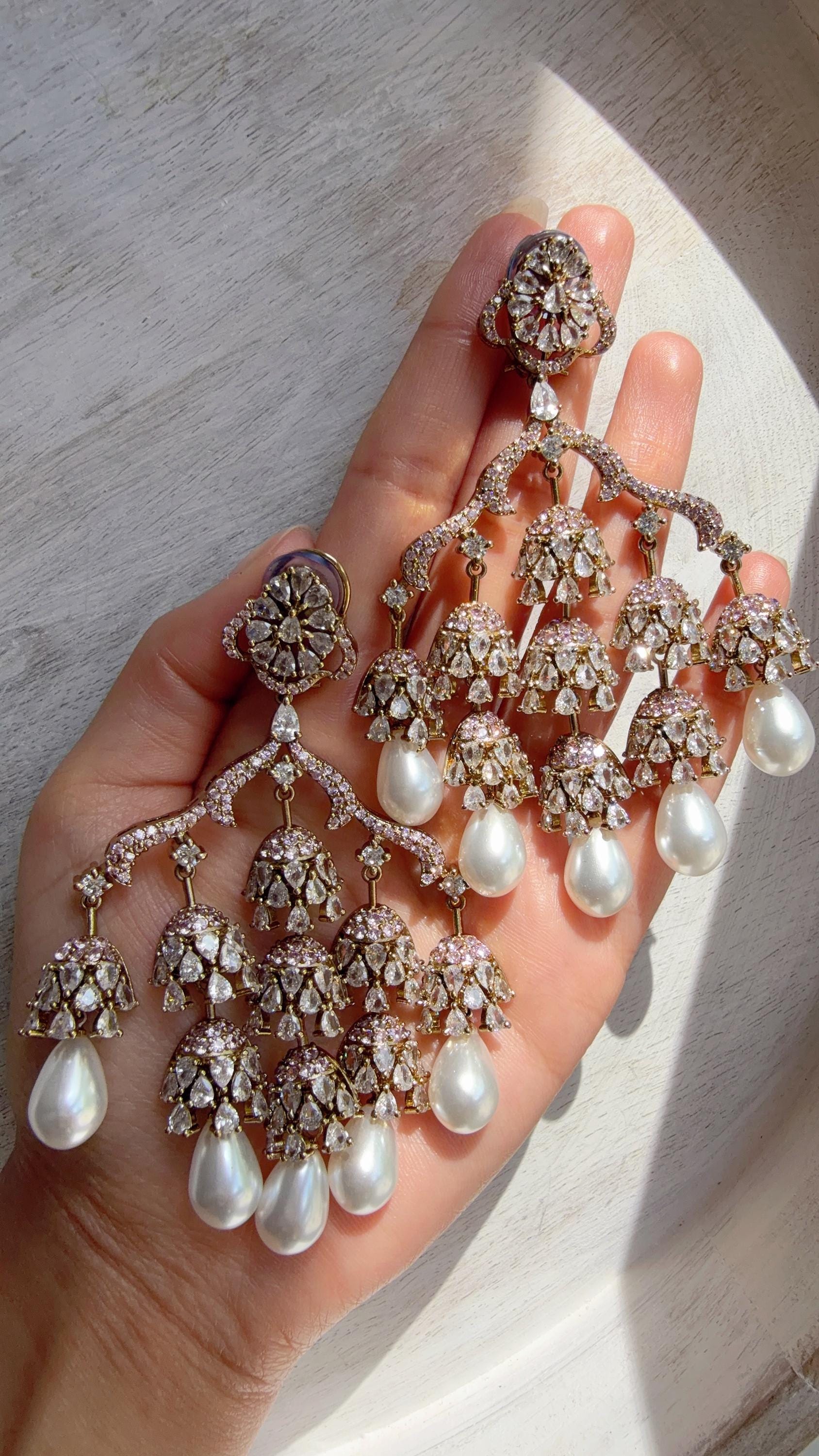 Mehendi look Diamond Pearl Chandelier/Baby Pink Chandbali Chandelier Earrings/Luxury Bridal Jewelry/Indian jhumka/Faith