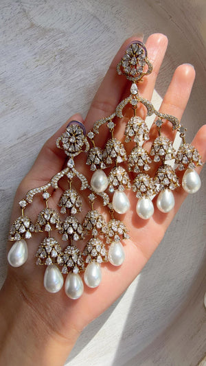 Mehendi Antique look Diamond Pearl Chandelier/ Chandbali Chandelier Earrings/Luxury Bridal Jewelry/Indian jhumka/Faith