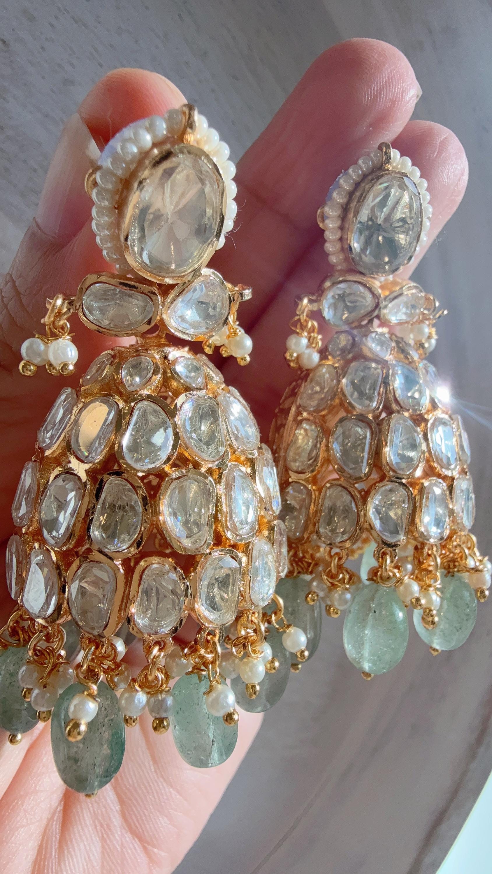 Gold Luxurious Moissanite Mint jhumka Earrings/Statement Jewelry Moissanite jhumka Earrings/Bridal Diamond