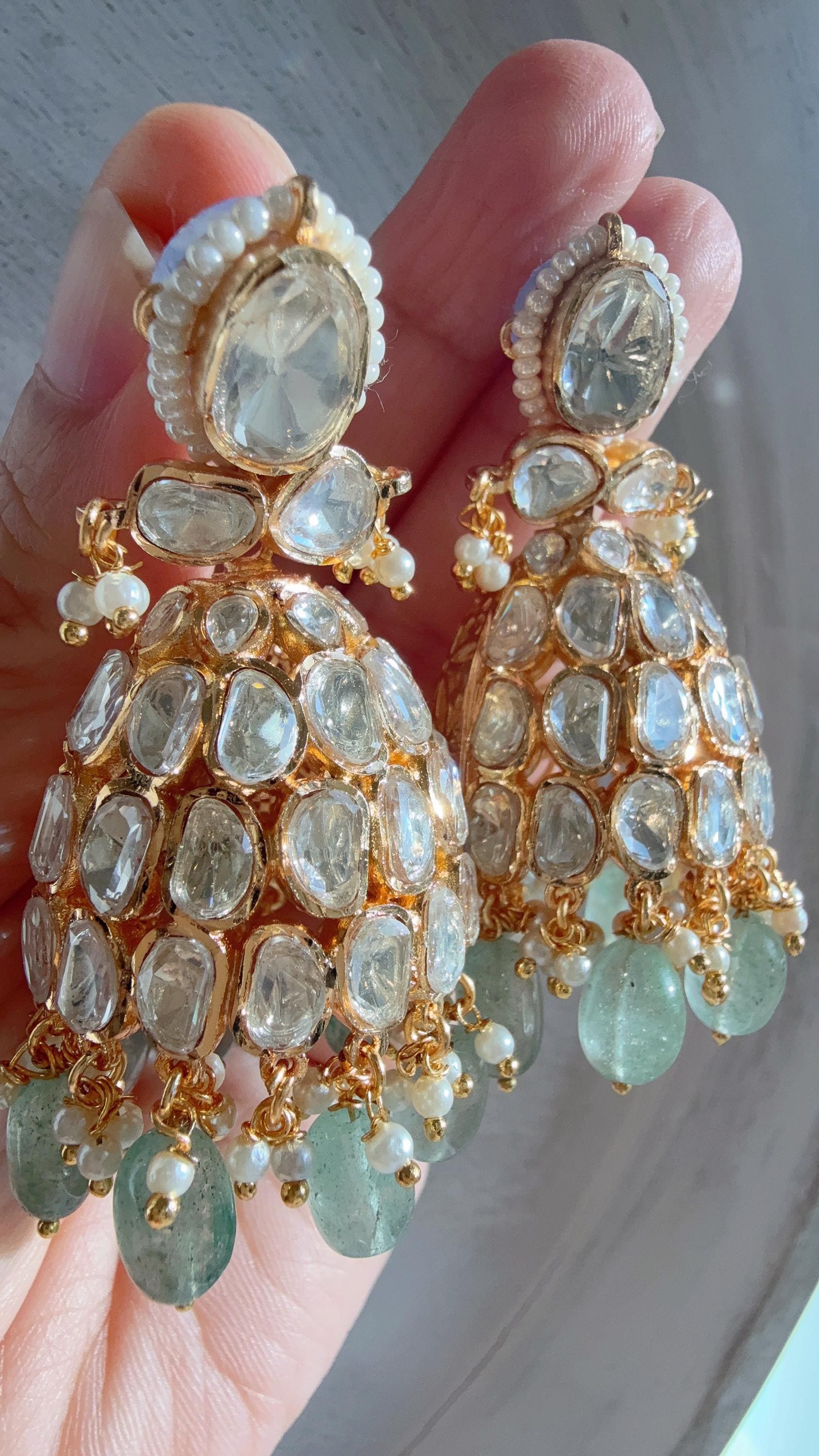 Gold Luxurious Moissanite Mint jhumka Earrings/Statement Jewelry Moissanite jhumka Earrings/Bridal Diamond