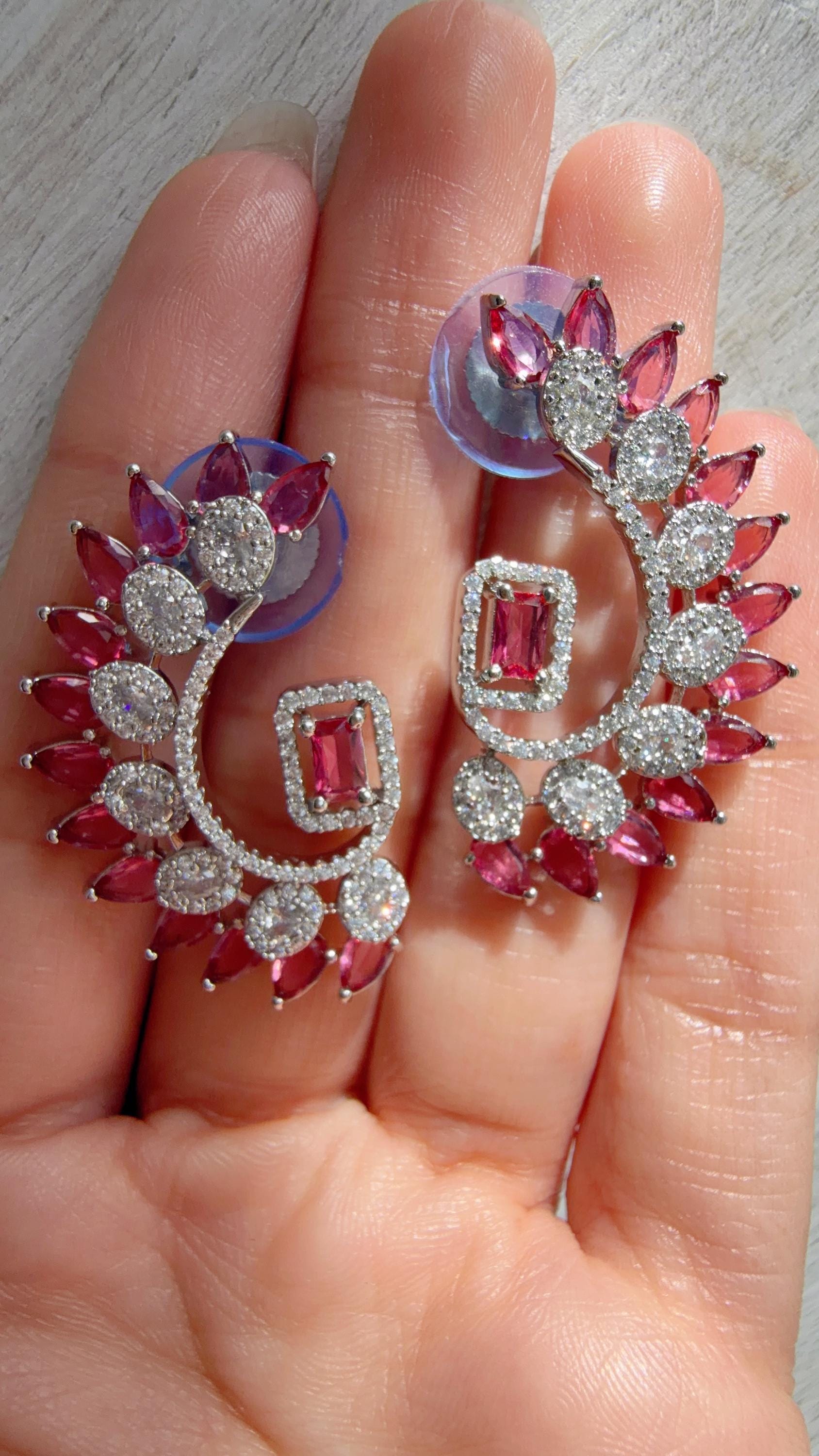 Diamond silver medium length Ruby earrings /Indian Studs/Indian Jewelry/diamond Studs/Statement Stud Earring/Silver earrings