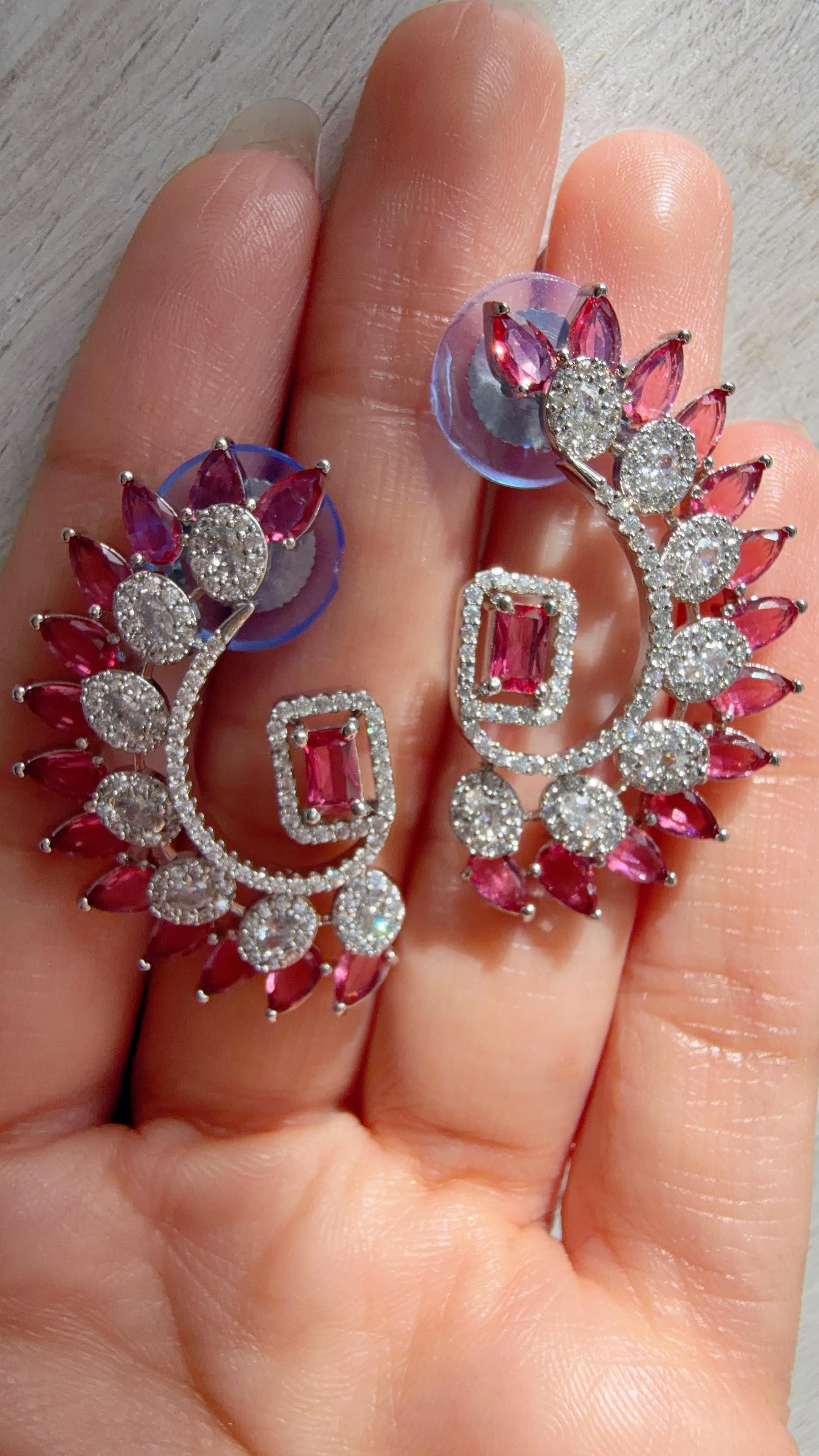 Diamond silver medium length Ruby earrings /Indian Studs/Indian Jewelry/diamond Studs/Statement Stud Earring/Silver earrings