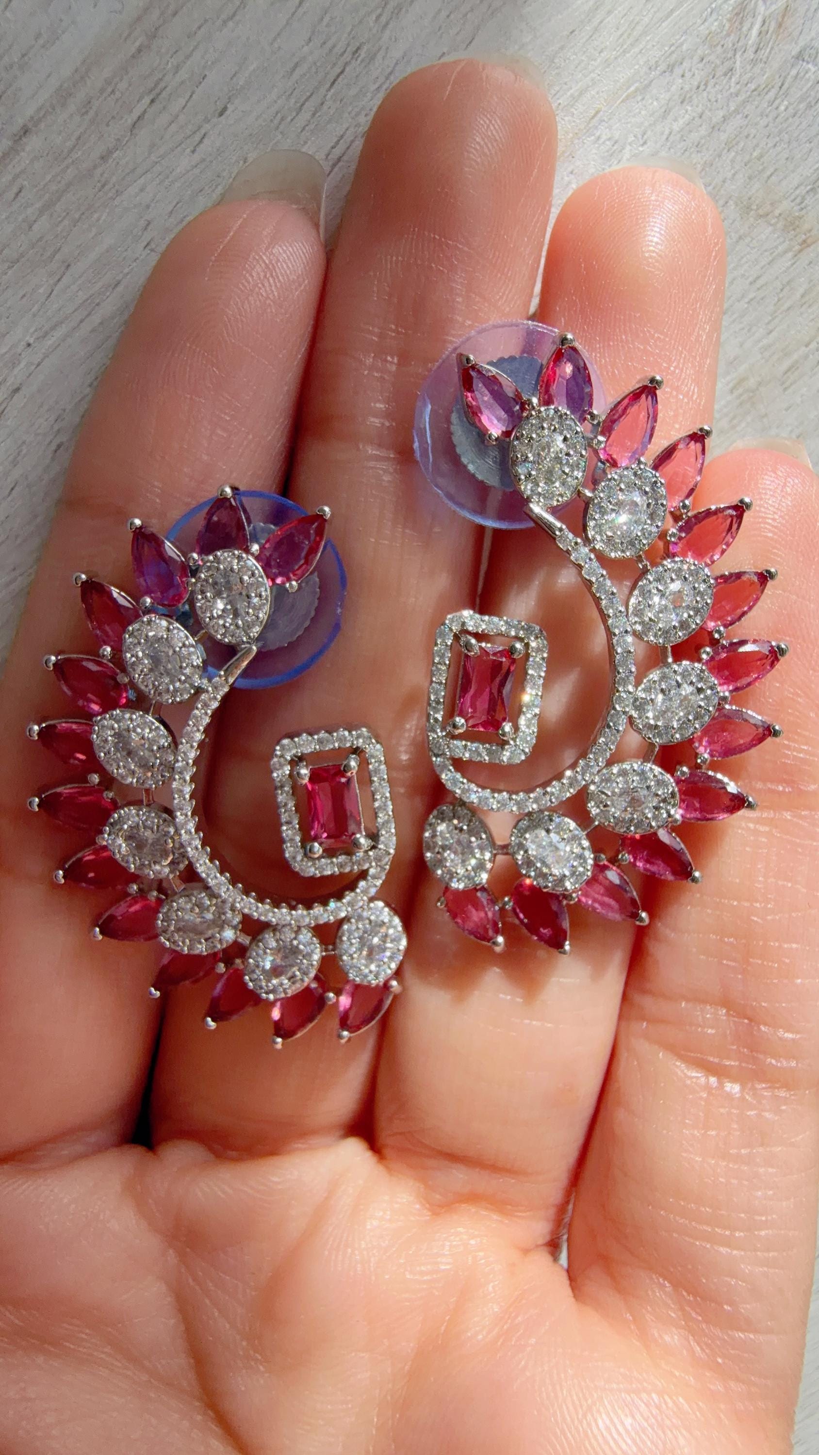 Diamond silver medium length Ruby earrings /Indian Studs/Indian Jewelry/diamond Studs/Statement Stud Earring/Silver earrings