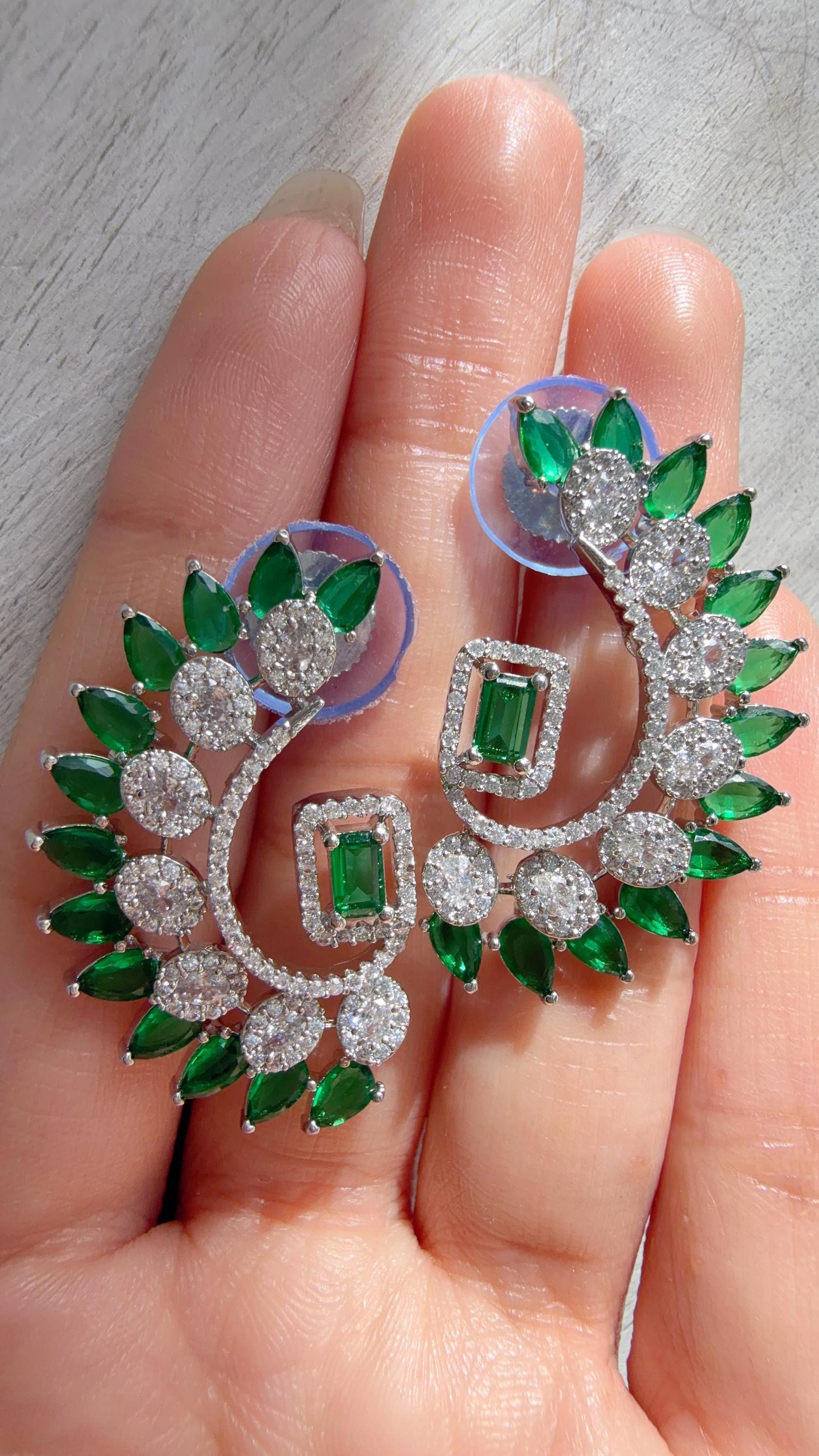 Diamond silver medium length Green earrings /Indian Studs/Indian Jewelry/diamond Studs/Statement Stud Earring/