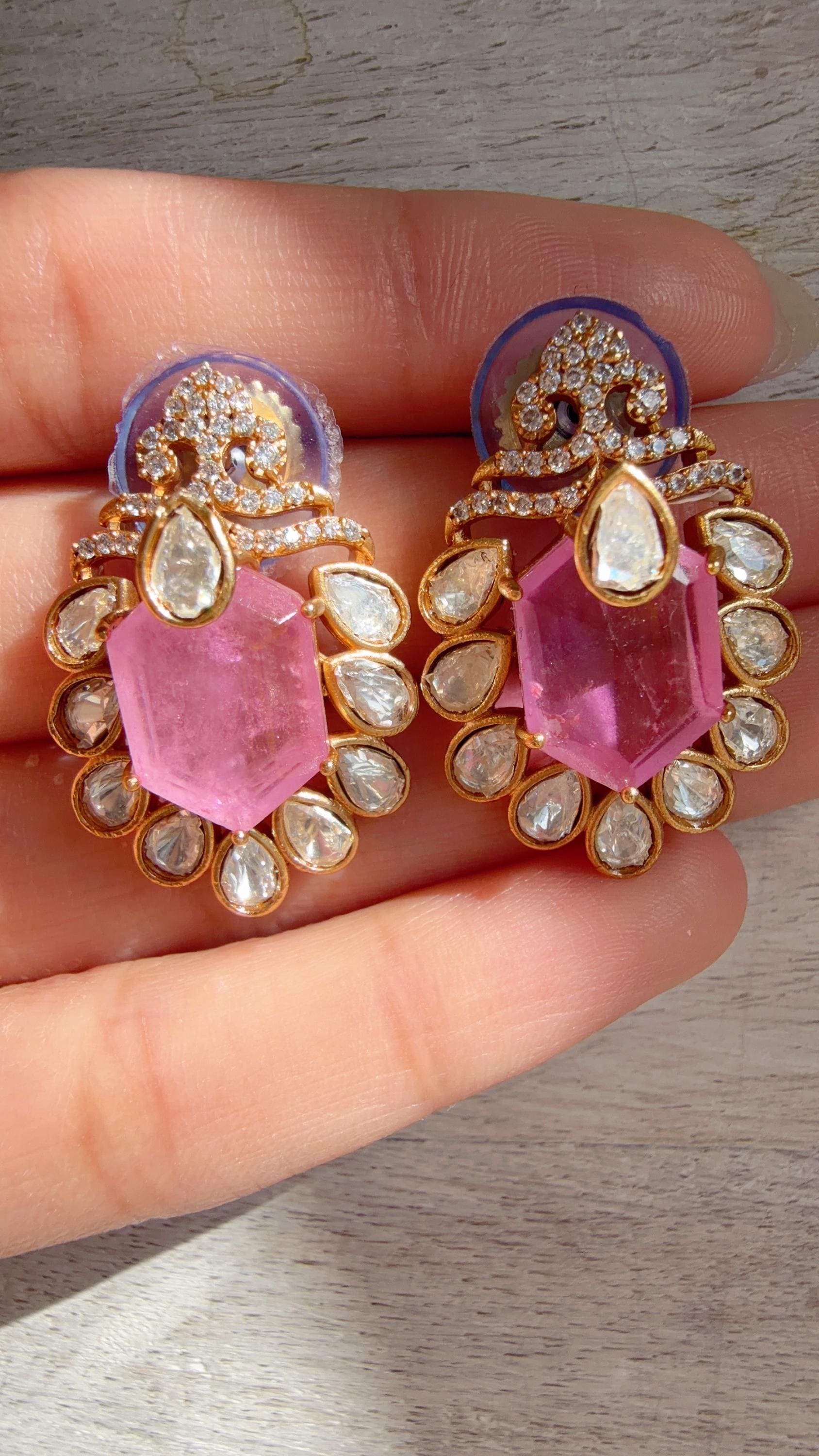 Baby Pink Moissanite Stone Earrings/Diamond Kundan Studs /Indian Jewelry /Statement Earring - Ankita