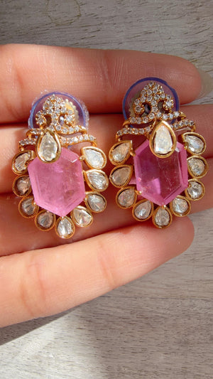 Baby Pink Moissanite Stone Earrings/Diamond Kundan Studs /Indian Jewelry /Statement Earring - Ankita