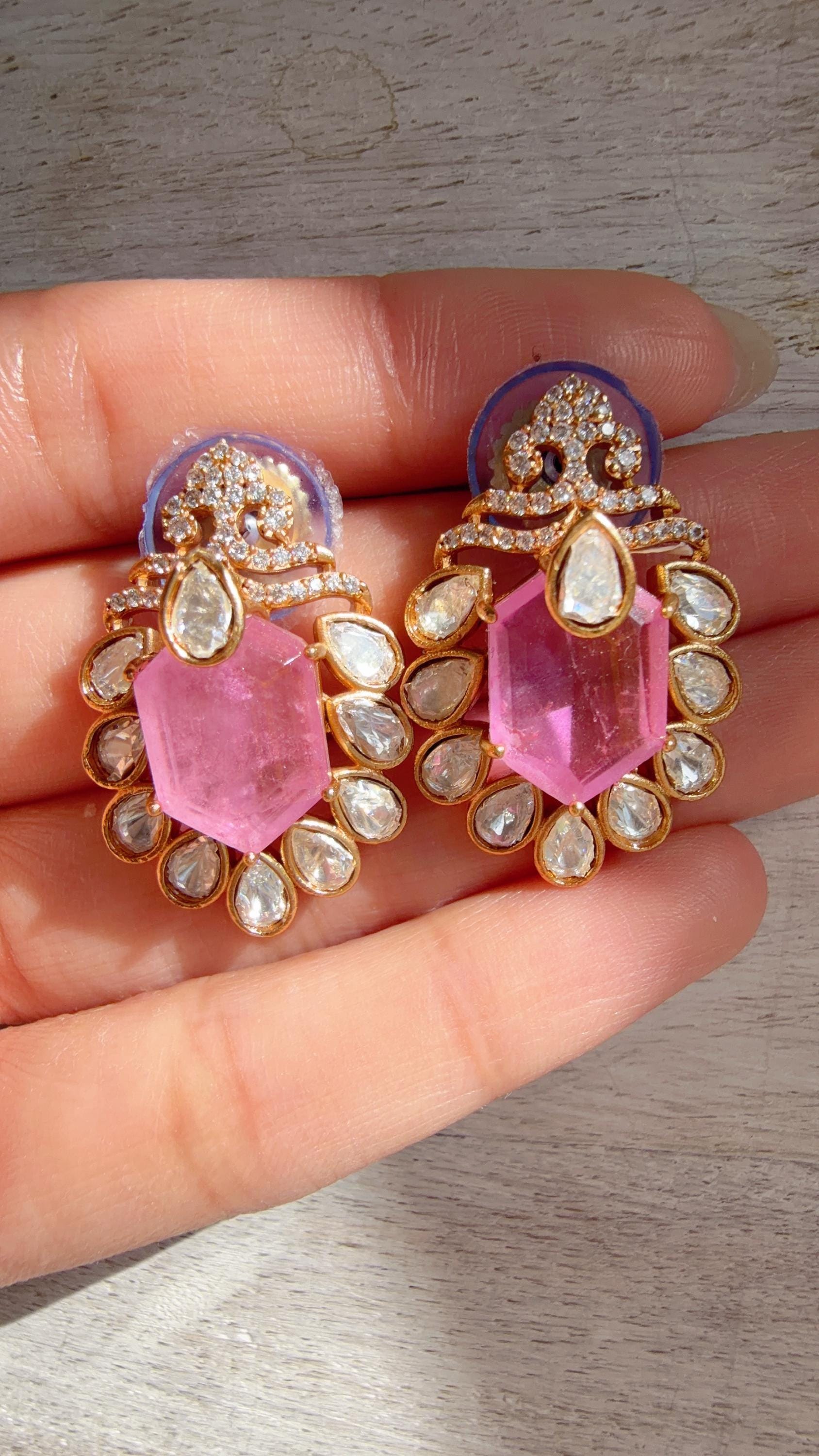 Baby Pink Moissanite Stone Earrings/Diamond Kundan Studs /Indian Jewelry /Statement Earring - Ankita