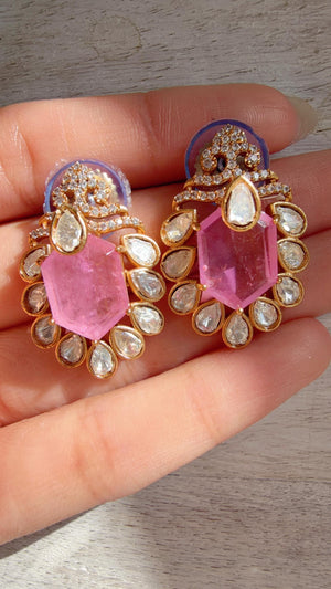 Baby Pink Moissanite Stone Earrings/Diamond Kundan Studs /Indian Jewelry /Statement Earring - Ankita