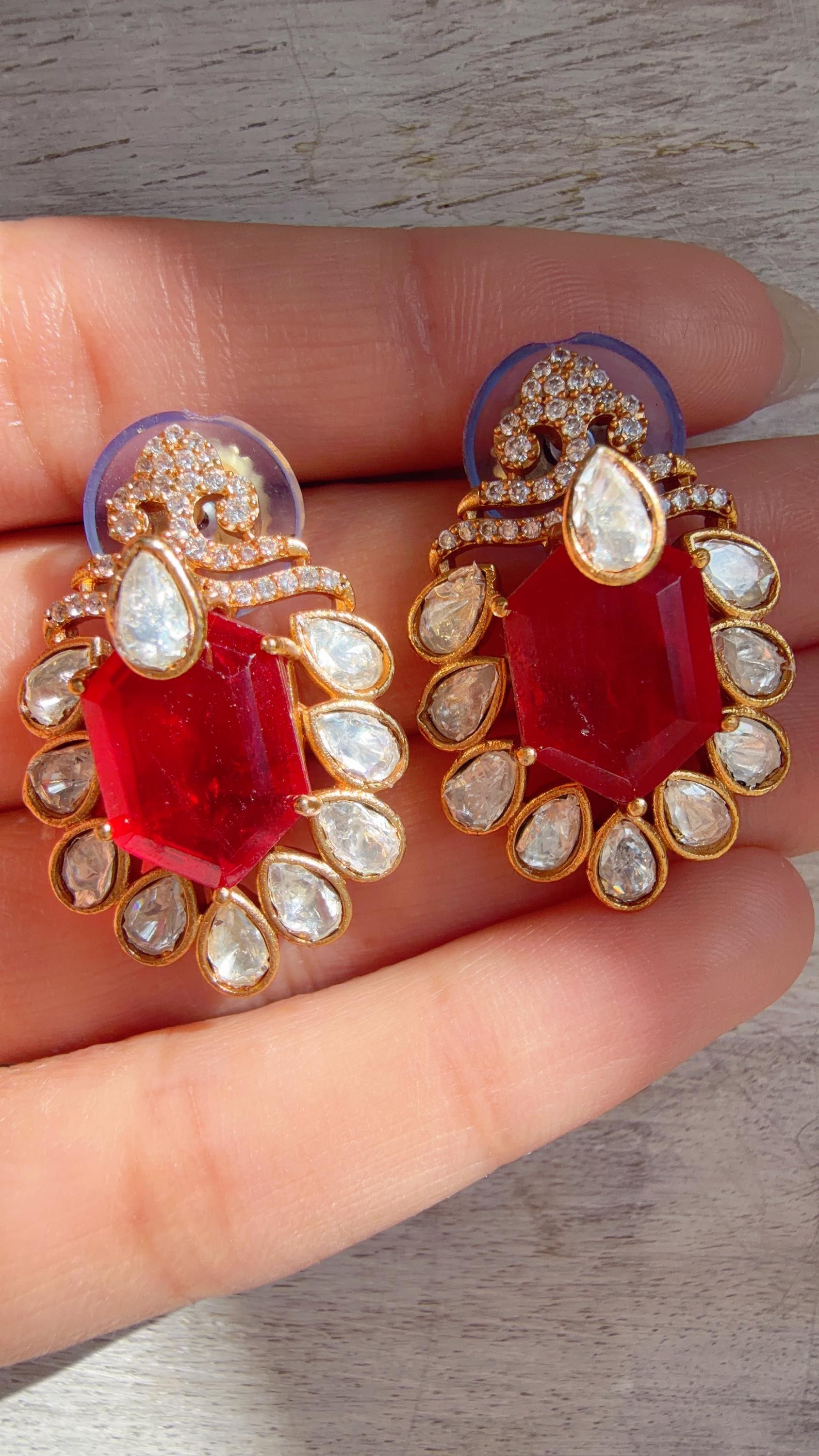 Ruby Moissanite Stone Earrings/Diamond Kundan Studs /Indian Jewelry /Statement Earring - Ankita