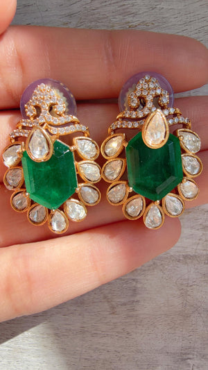 Green Moissanite Stone Earrings/Diamond Kundan Studs /Indian Jewelry /Statement Earring - Ankita