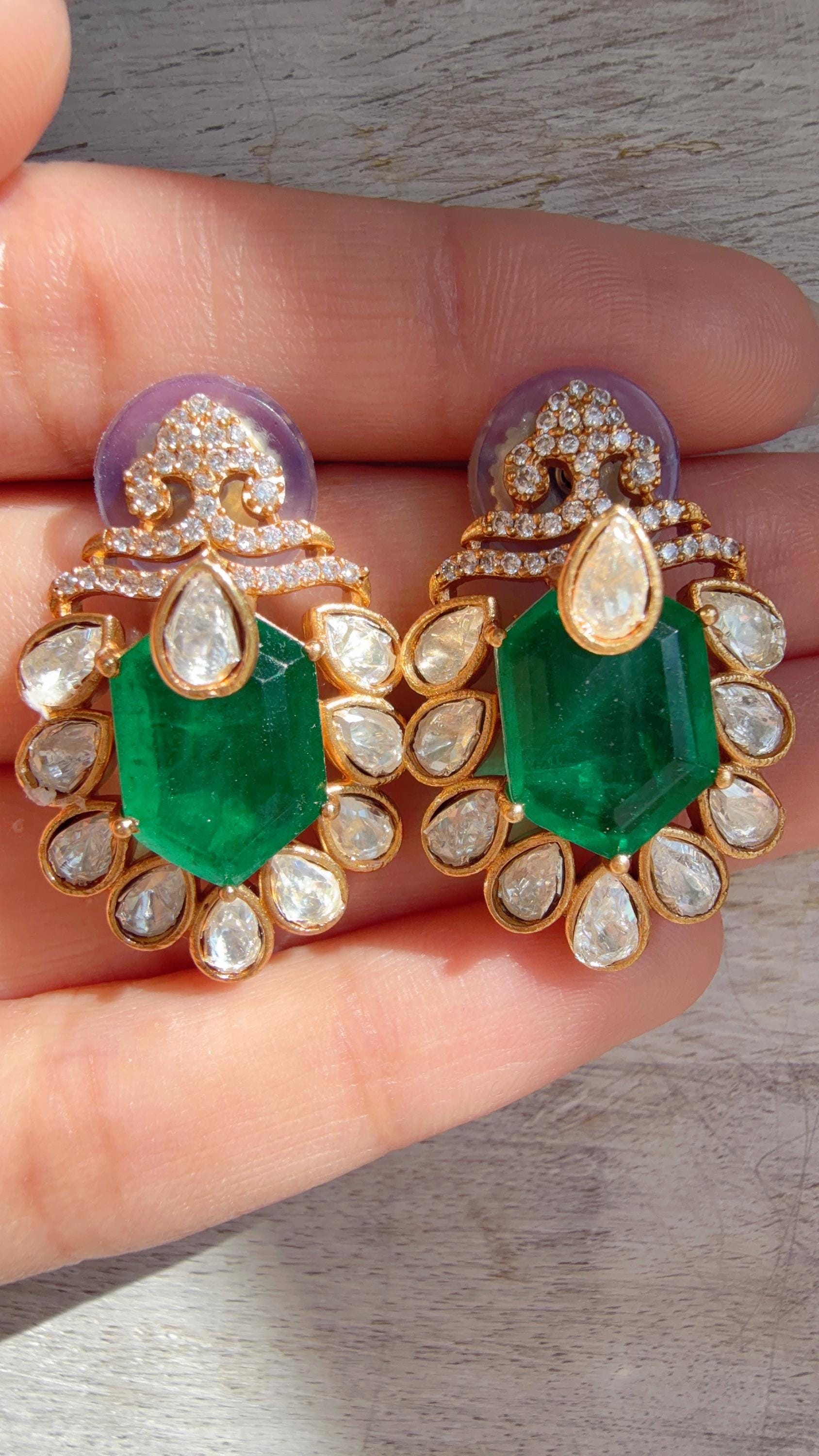 Green Moissanite Stone Earrings/Diamond Kundan Studs /Indian Jewelry /Statement Earring - Ankita