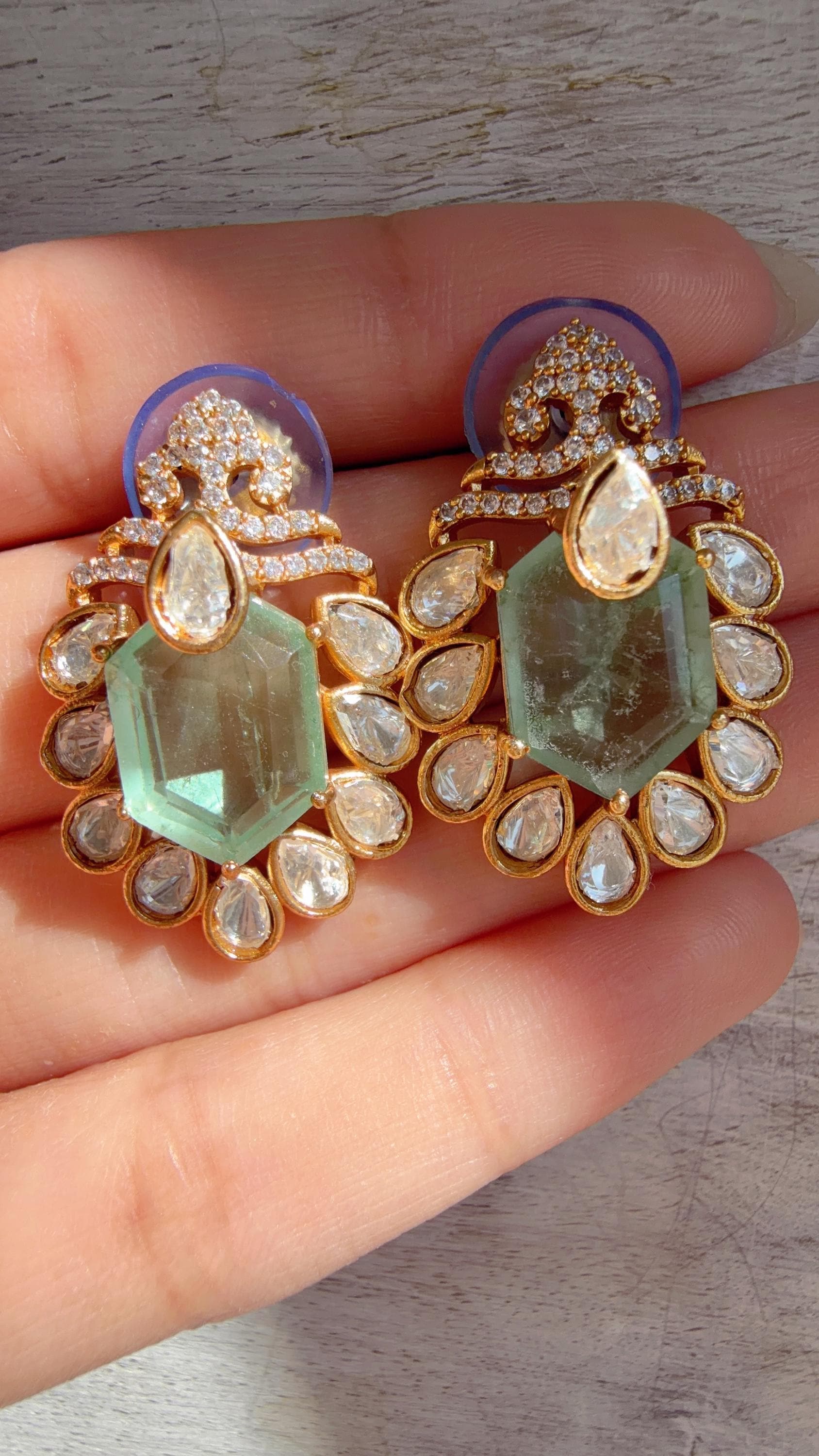 Mint Moissanite Stone Earrings/Diamond Kundan Studs /Indian Jewelry /Statement Earring - Ankita