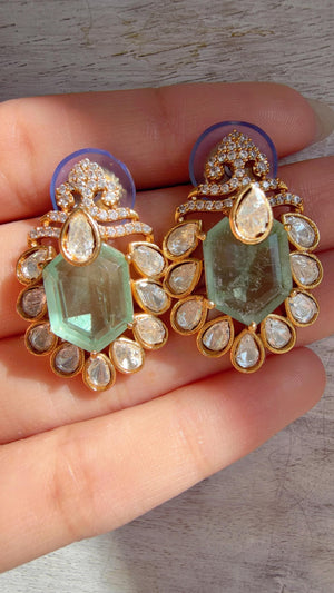 Mint Moissanite Stone Earrings/Diamond Kundan Studs /Indian Jewelry /Statement Earring - Ankita