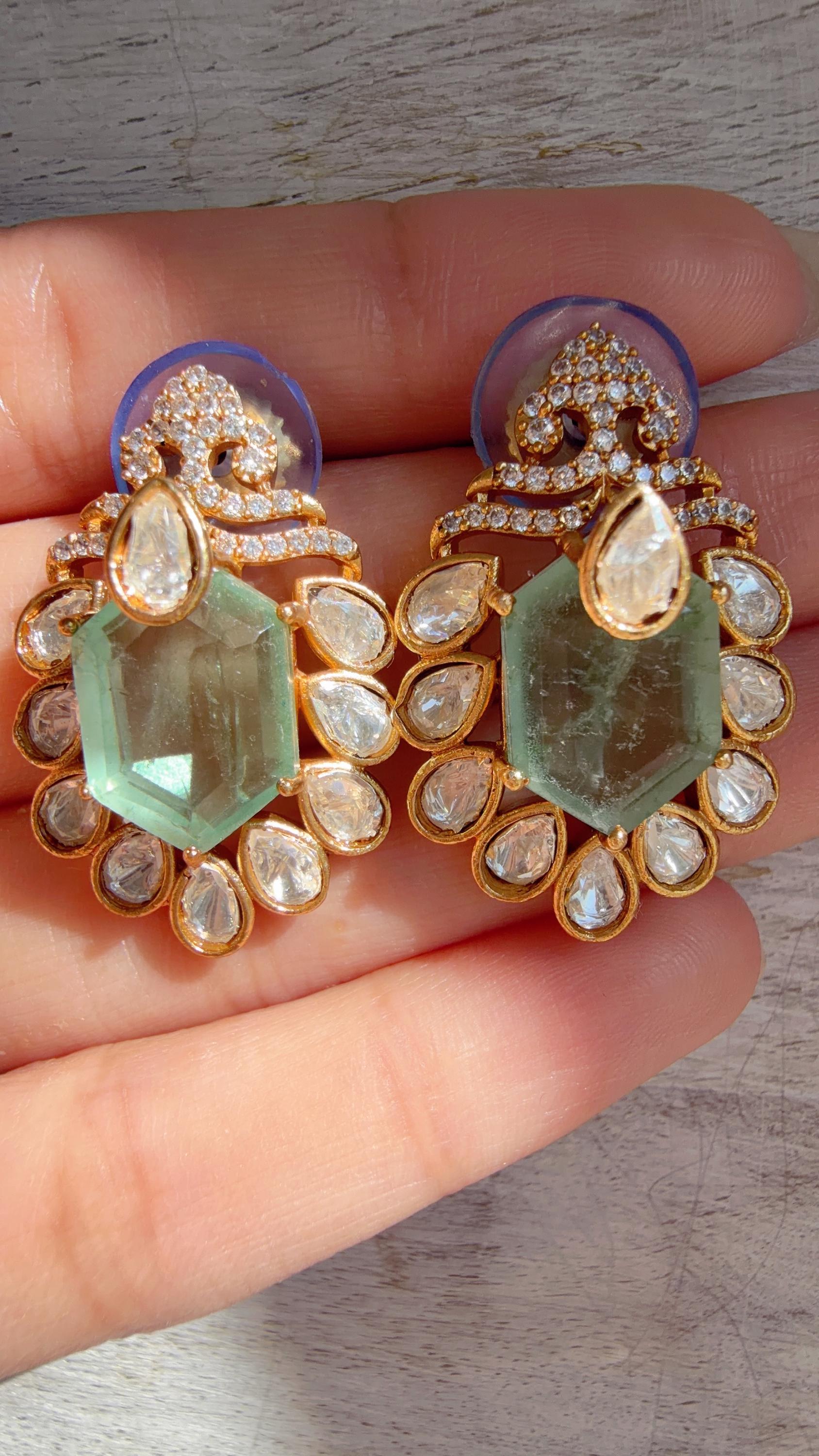 Mint Moissanite Stone Earrings/Diamond Kundan Studs /Indian Jewelry /Statement Earring - Ankita