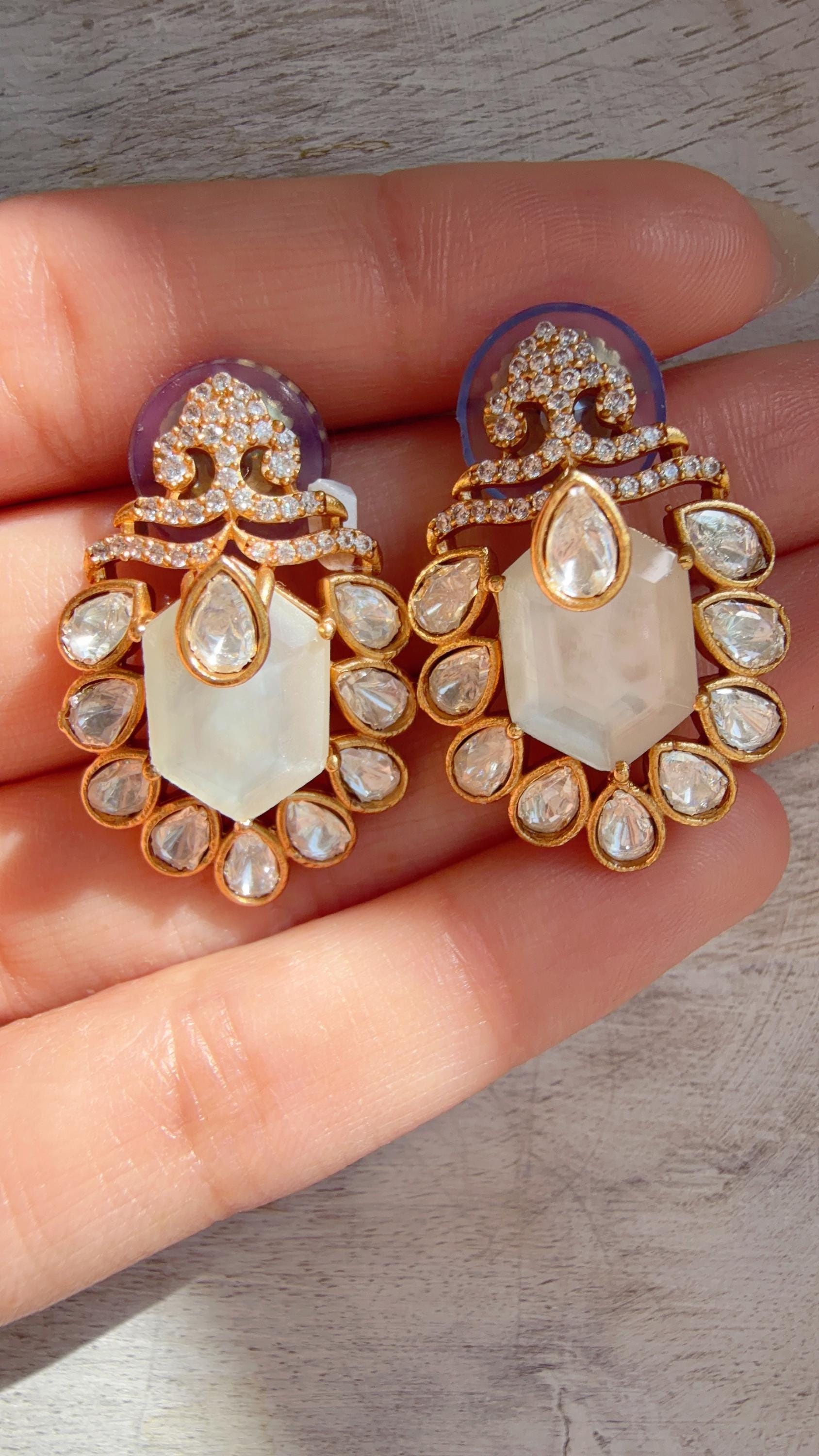 Moissanite Stone Earrings/Diamond Kundan Studs /Indian Jewelry /Statement Earring - Ankita