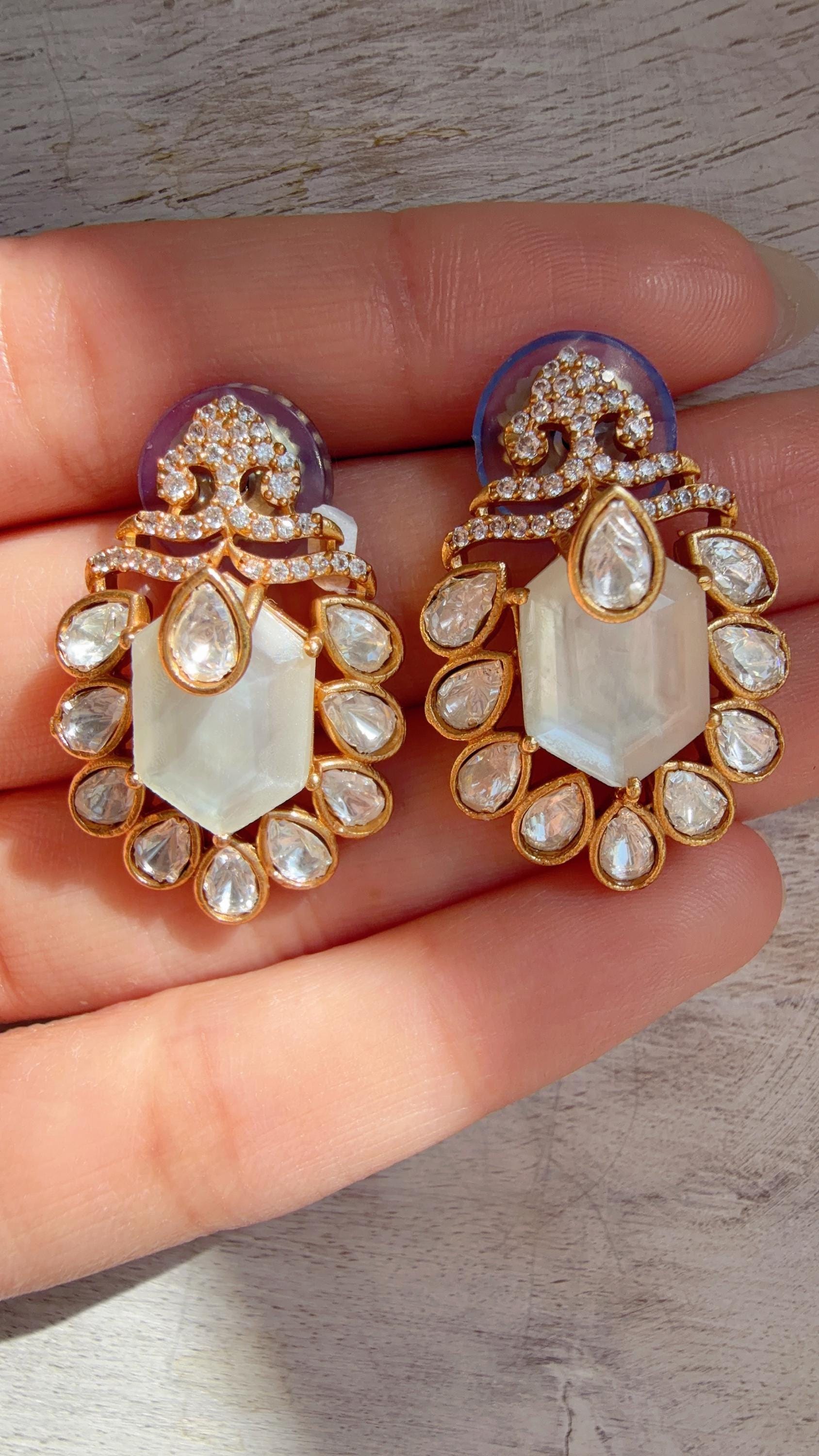 Moissanite Stone Earrings/Diamond Kundan Studs /Indian Jewelry /Statement Earring - Ankita