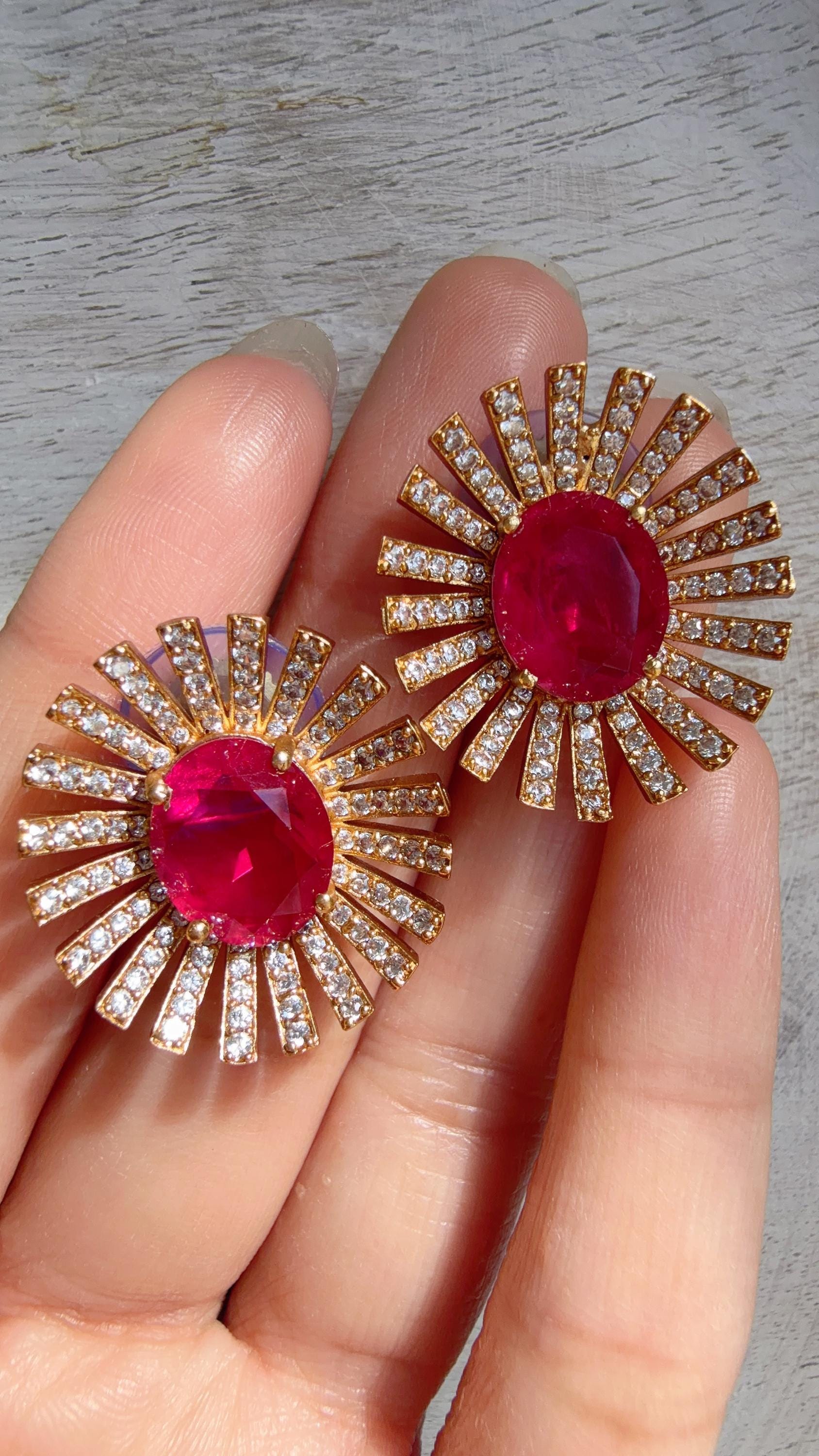Ruby Moissanite Stone Earrings/Diamond Kundan Studs /Indian Jewelry /Statement Earring - Shanaya