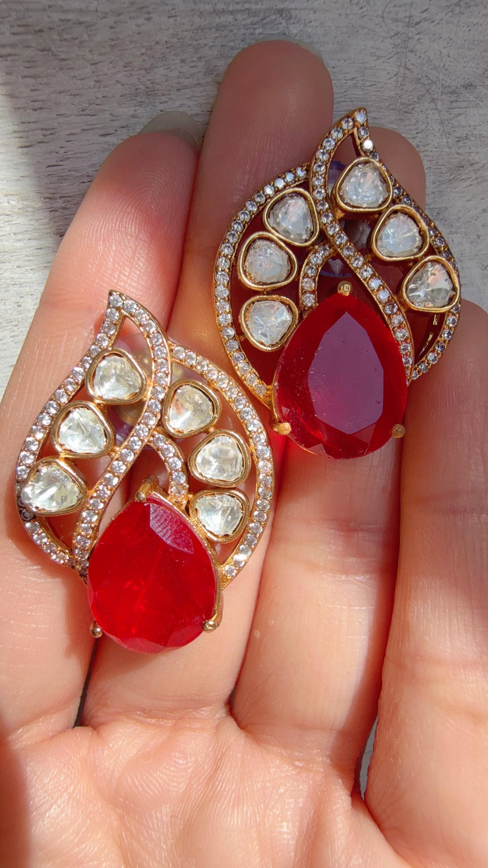 Ruby Moissanite Stone Earrings/Diamond Kundan Studs /Indian Jewelry /Statement Earring - Rani
