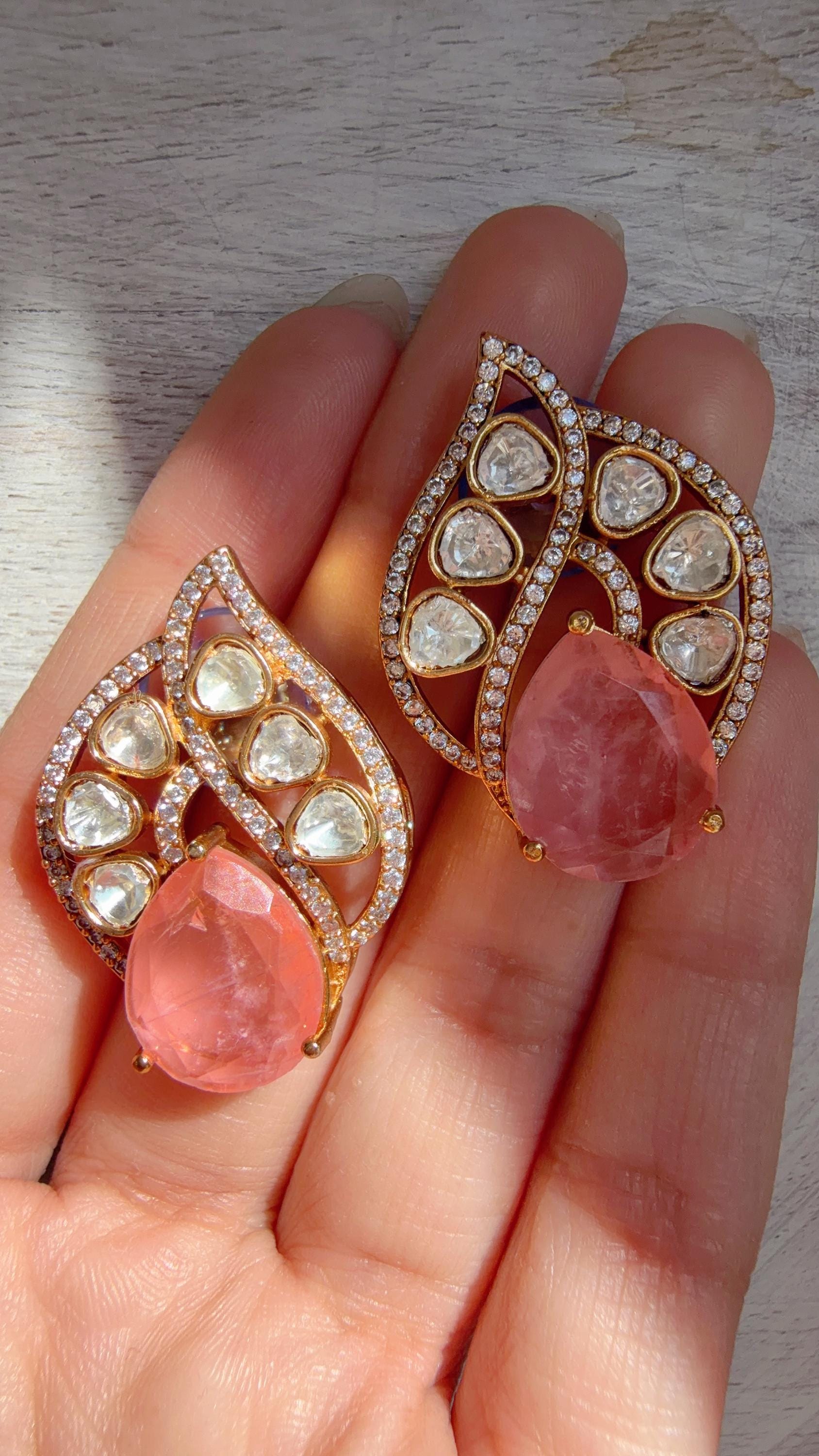 Baby Pink Moissanite Stone Earrings/Diamond Kundan Studs /Indian Jewelry /Statement Earring - Rani