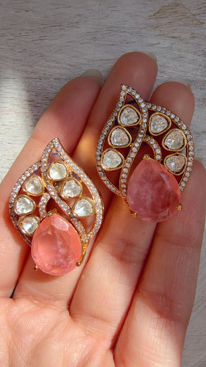Baby Pink Moissanite Stone Earrings/Diamond Kundan Studs /Indian Jewelry /Statement Earring - Rani