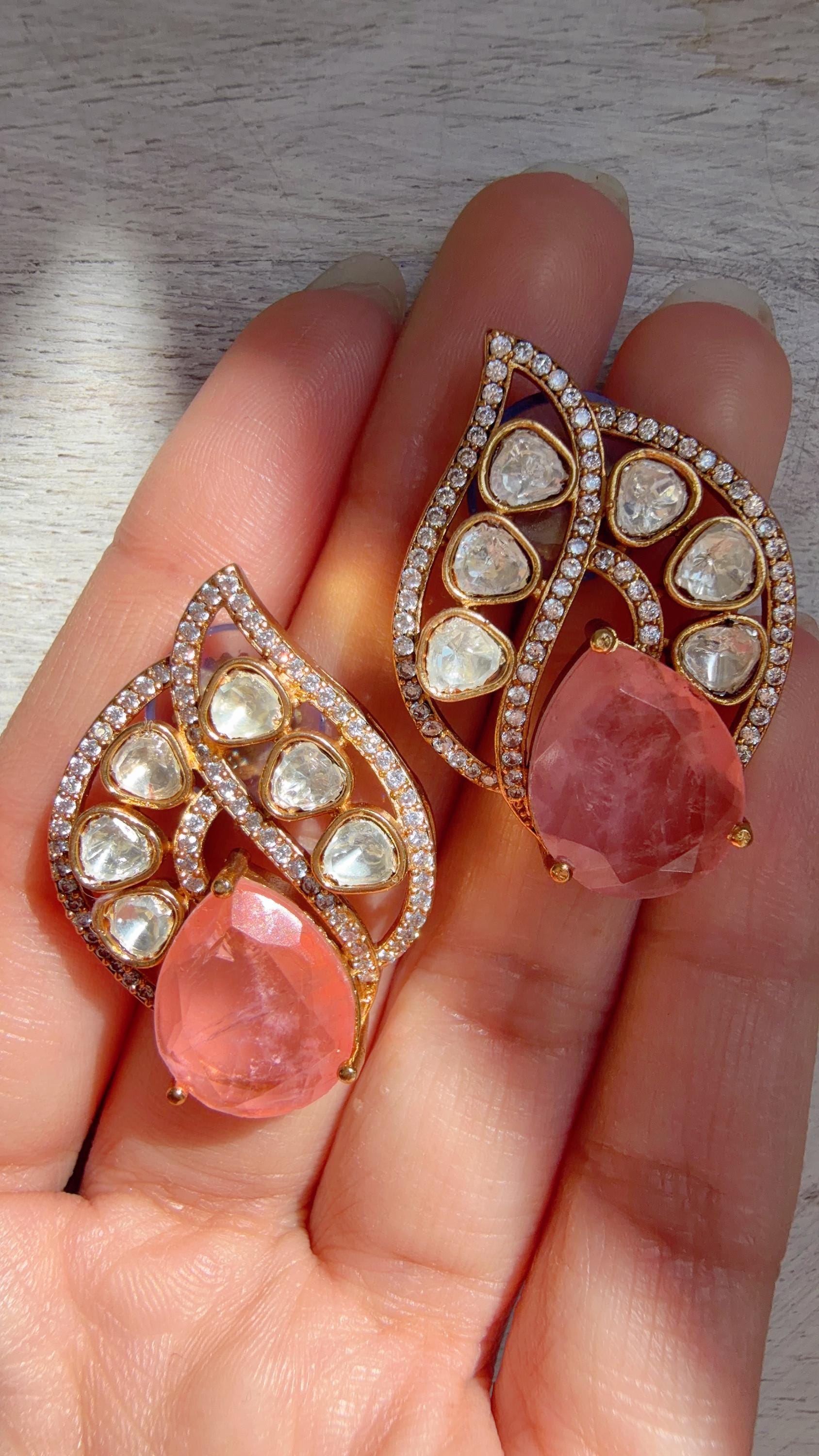 Baby Pink Moissanite Stone Earrings/Diamond Kundan Studs /Indian Jewelry /Statement Earring - Rani