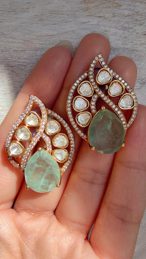 Mint Moissanite Stone Earrings/Diamond Kundan Studs /Indian Jewelry /Statement Earring - Rani