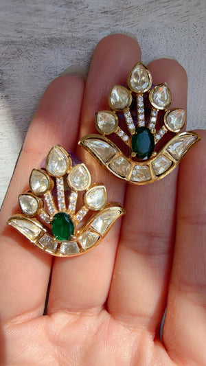 Moissanite Stone Green Earrings/Diamond Kundan Studs /Indian Jewelry /Statement Earring/Women gifts