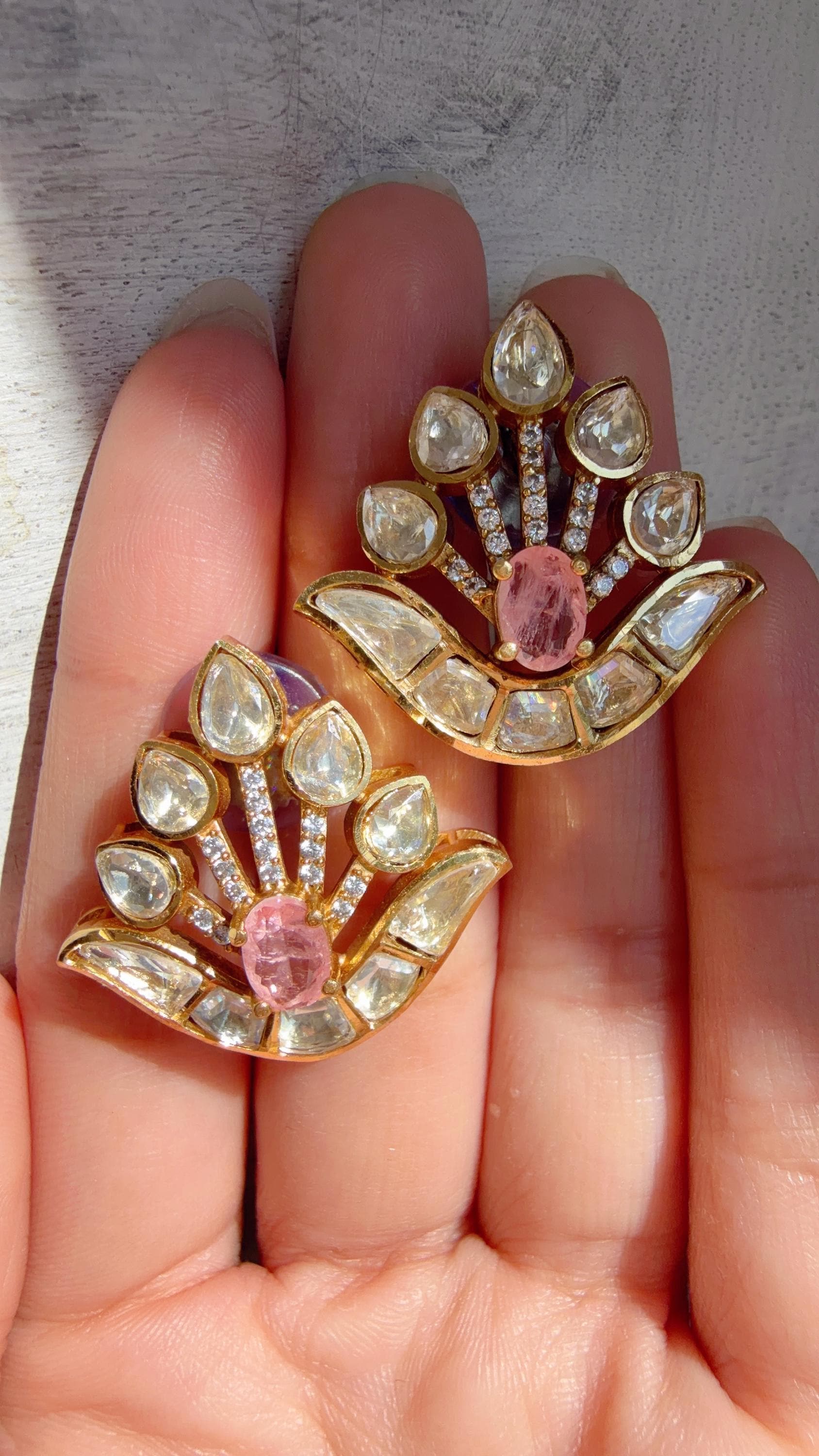 Moissanite Stone Baby pink Earrings/Diamond Kundan Studs /Indian Jewelry /Statement Earring/Women gifts