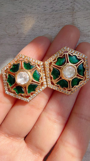 Moissanite Polki Meenakari green Kundan Studs /Indian Jewelry /Statement Kundan Earring/Diamond Studs - Seerat