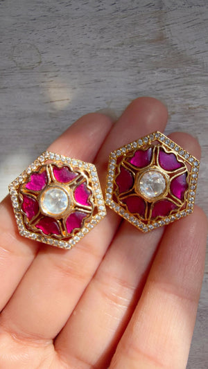 Moissanite Polki Meenakari Kundan Ruby Studs /Indian Jewelry /Statement Kundan Earring/Diamond Studs - Seerat