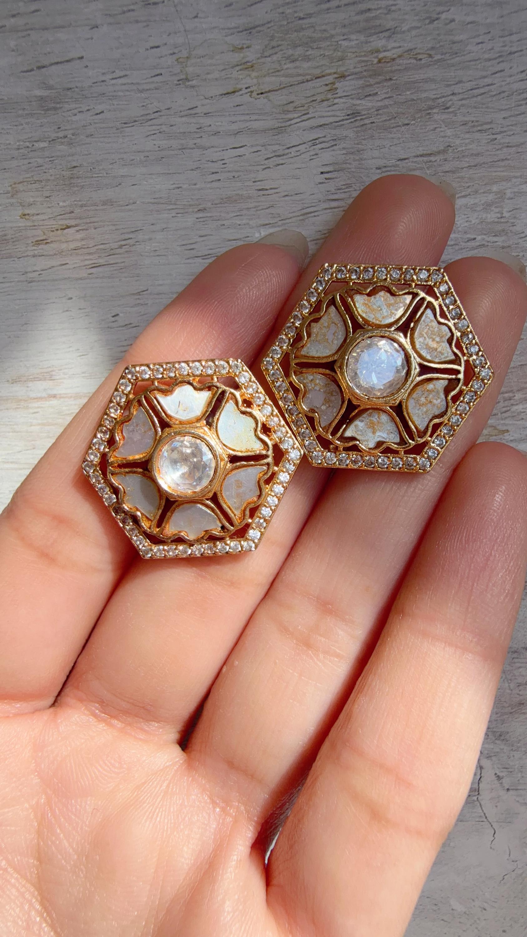 Moissanite Polki Meenakari Kundan Studs /Indian Jewelry /Statement Kundan Earring/Diamond Studs - Seerat