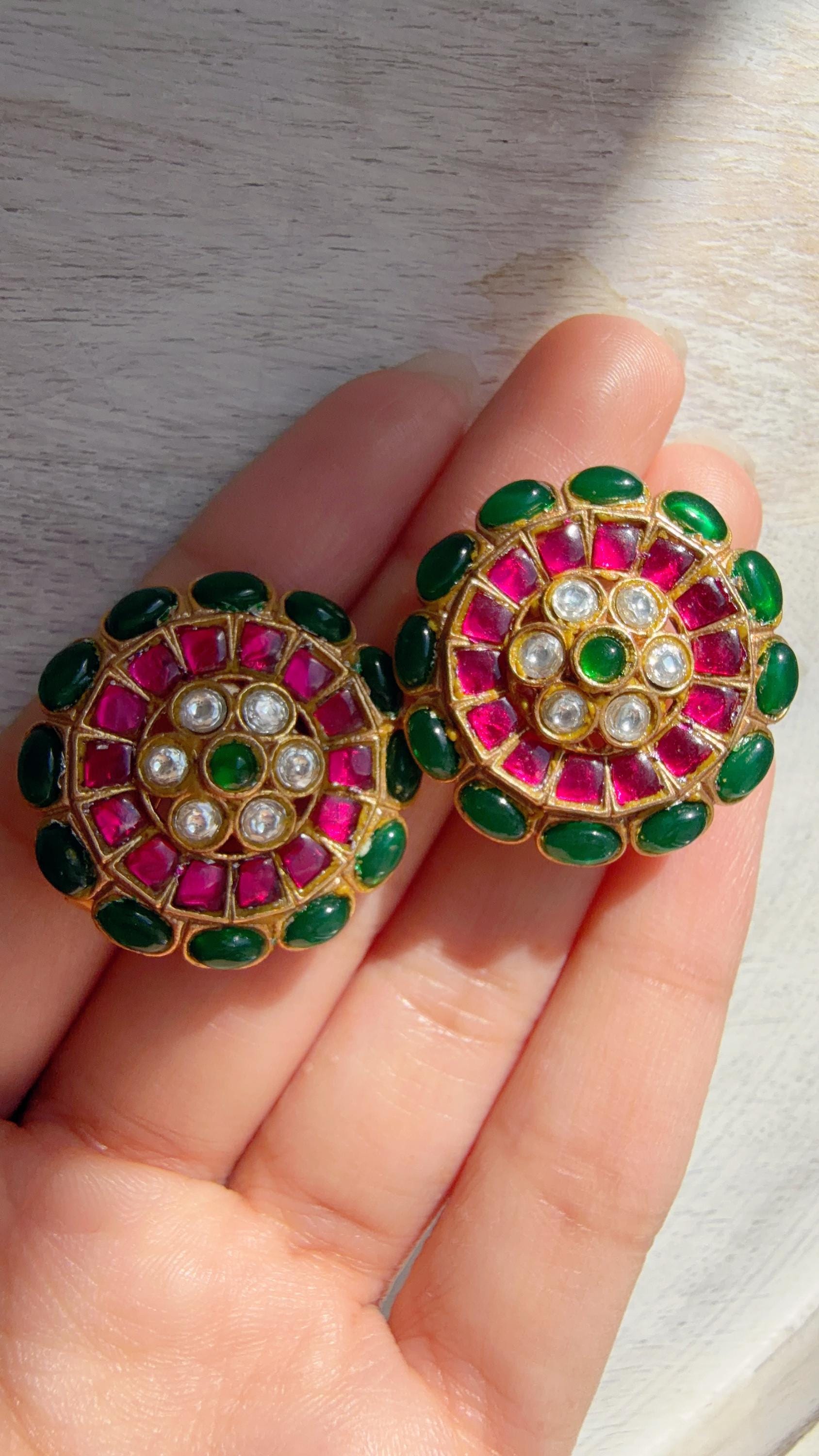 Moissanite Kundan Ruby green Studs /Indian Jewelry /Statement Kundan Earring/Diamond Studs - Amrapali inspired