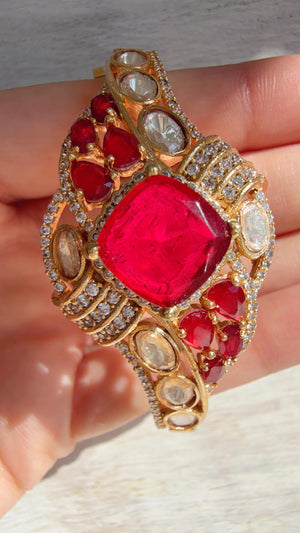 Doublet Stone Kundan openable Bracelet Kada/Moissanite Bridal Polki Bangle/Indian Jewelry - Tina