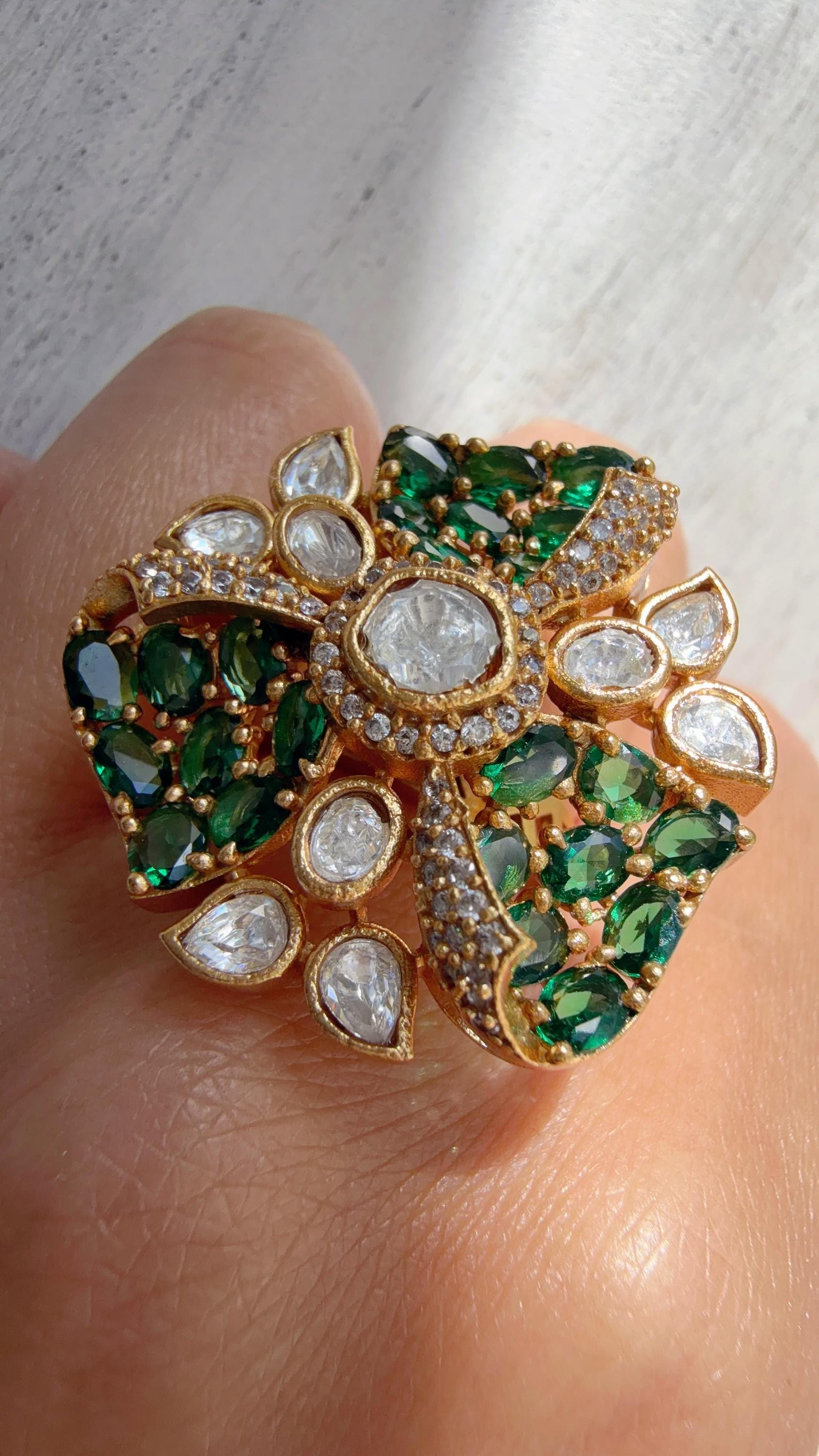 Green Cocktail ring/Bridal Kundan Moissanite diamond Ring/Adjustable Ring/Pave setting Ring /Indian Wedding jewelry/