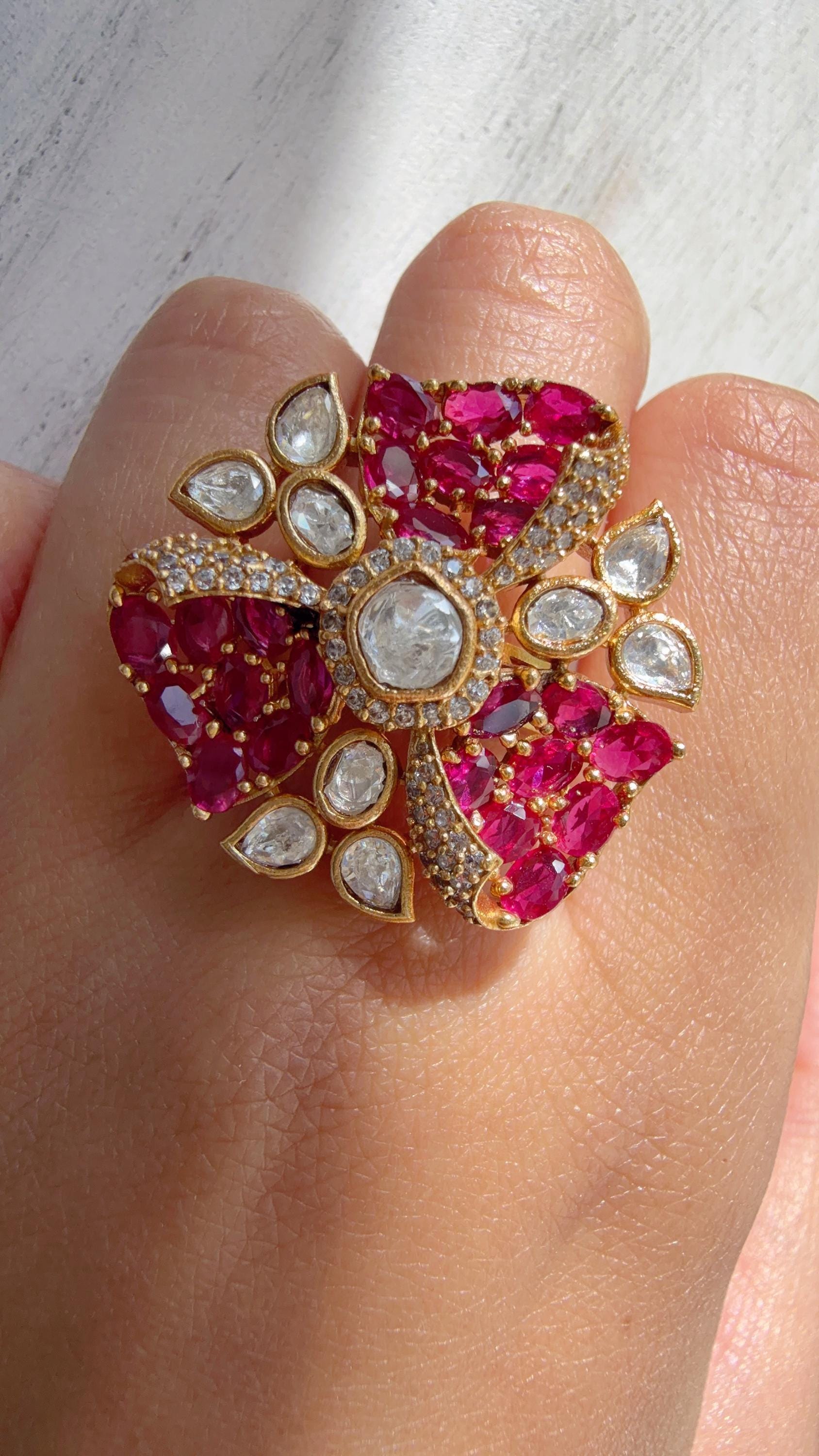Ruby Cocktail ring/Bridal Kundan Moissanite diamond Ring/Adjustable Ring/Pave setting Ring /Indian Wedding jewelry/