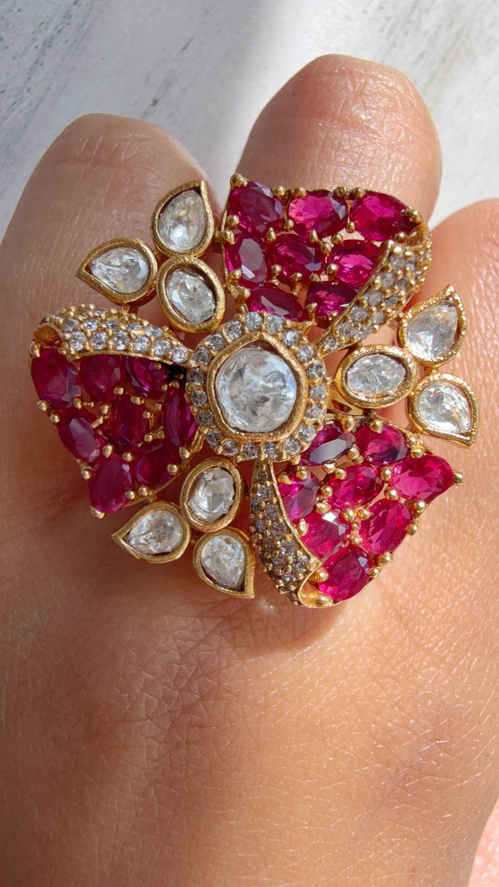 Ruby Cocktail ring/Bridal Kundan Moissanite diamond Ring/Adjustable Ring/Pave setting Ring /Indian Wedding jewelry/