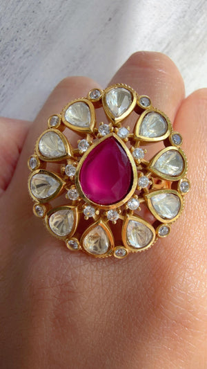 Ruby Statement ring/Bridal Kundan Moissanite diamond Ring/Adjustable Ring/Indian Wedding jewelry/