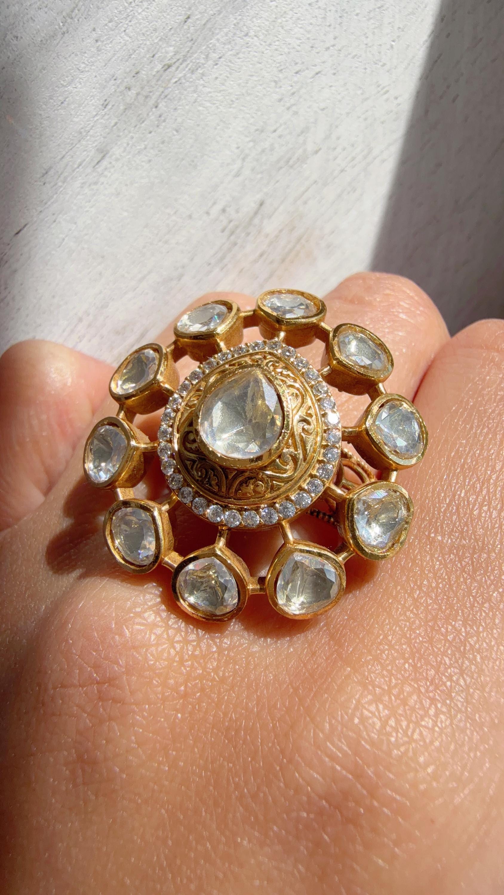 Gold Meenakari work Statement ring/Bridal Kundan Moissanite diamond Ring/Adjustable Ring/Indian Wedding jewelry/