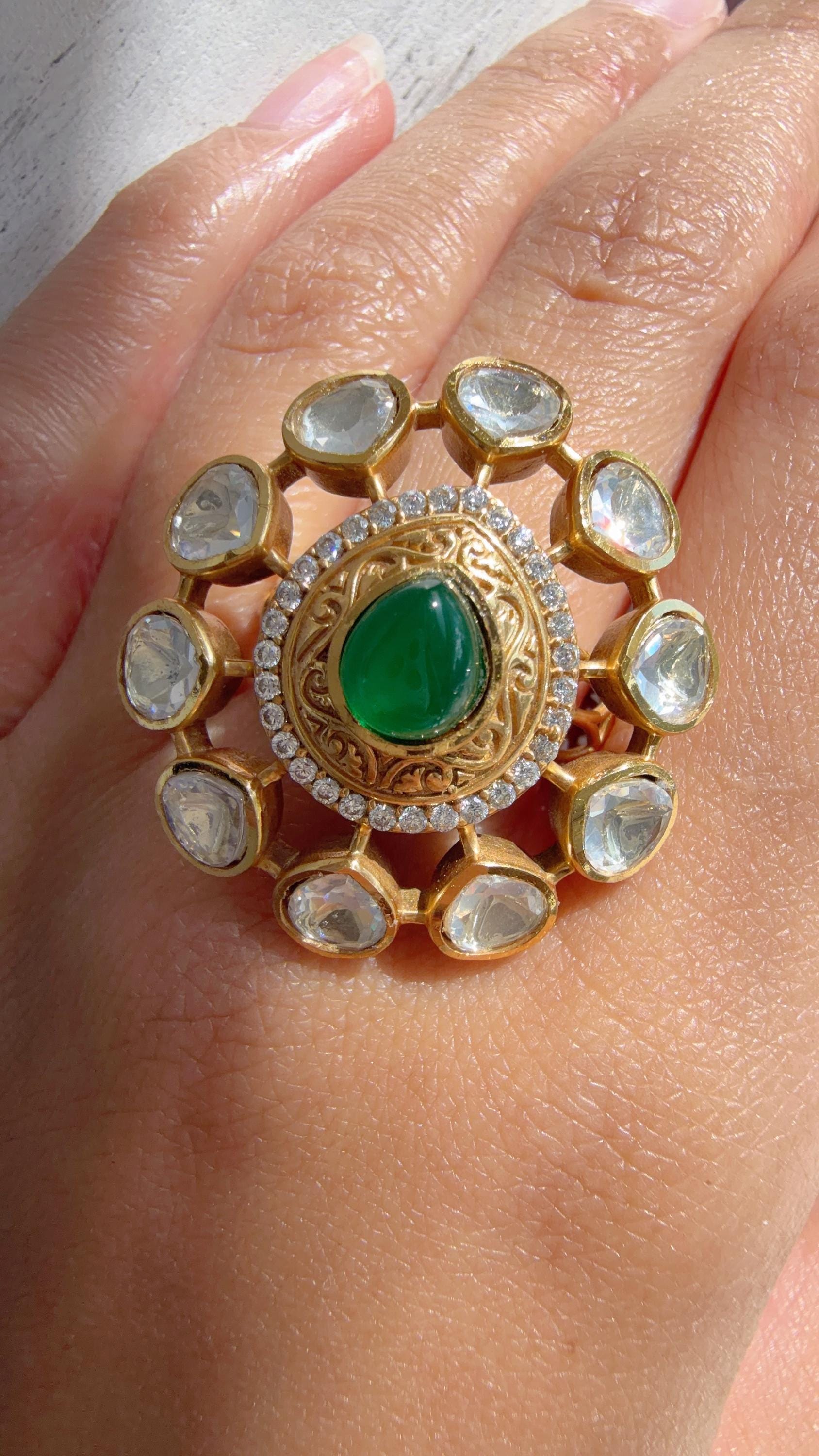 Green Meenakari work Statement ring/Bridal Kundan Moissanite diamond Ring/Adjustable Ring/Indian Wedding jewelry/